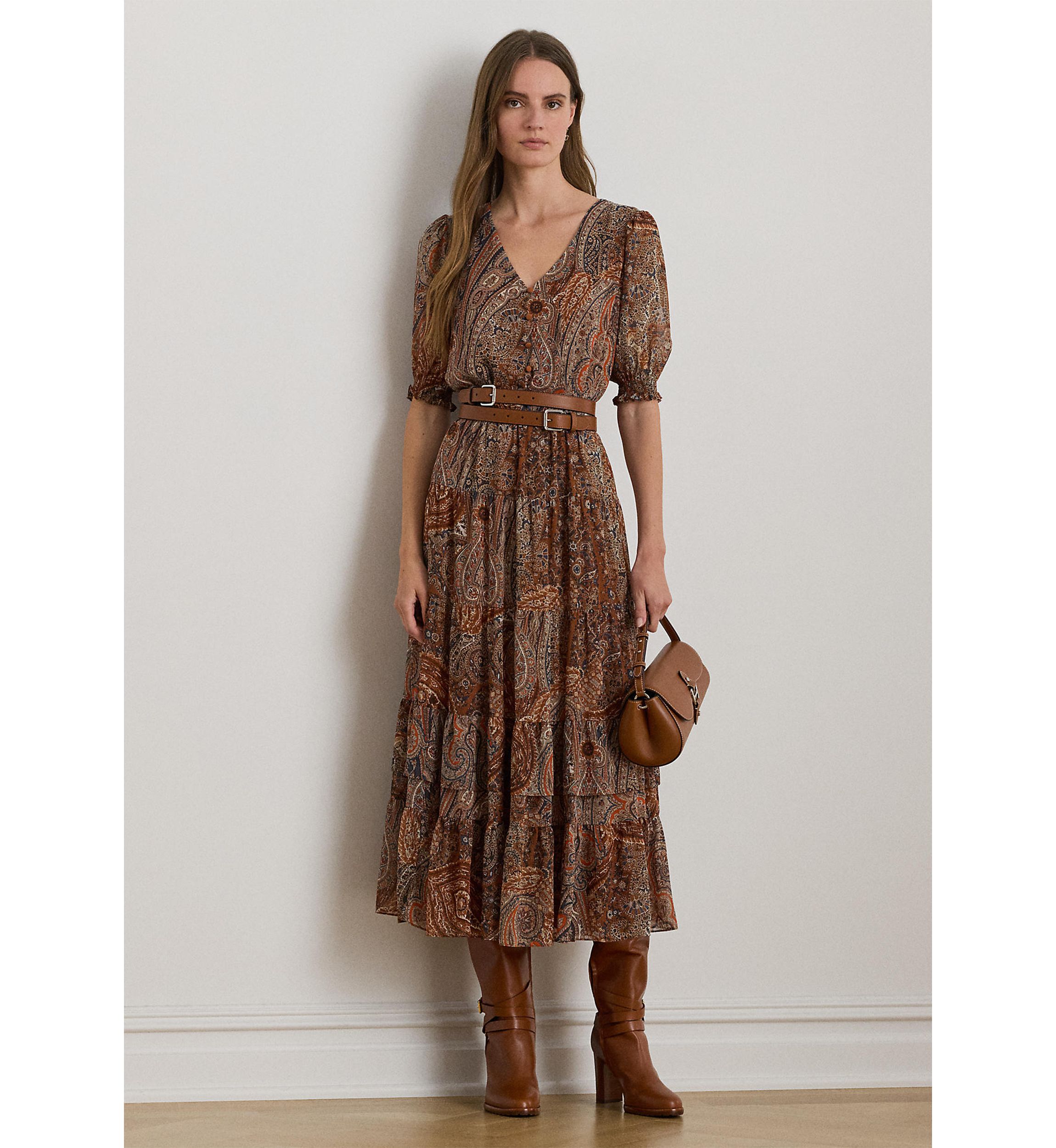 Womens Paisley Belted Crinkle Georgette Dress