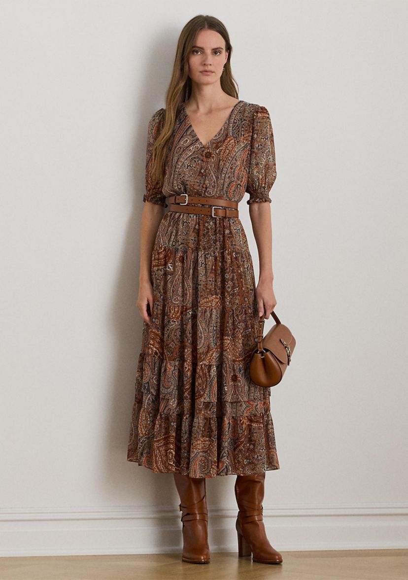 Womens Paisley Belted Crinkle Georgette Dress