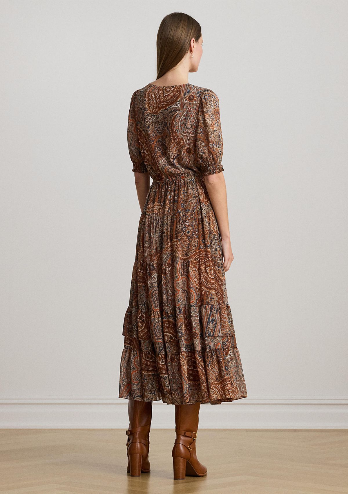 Womens Paisley Belted Crinkle Georgette Dress