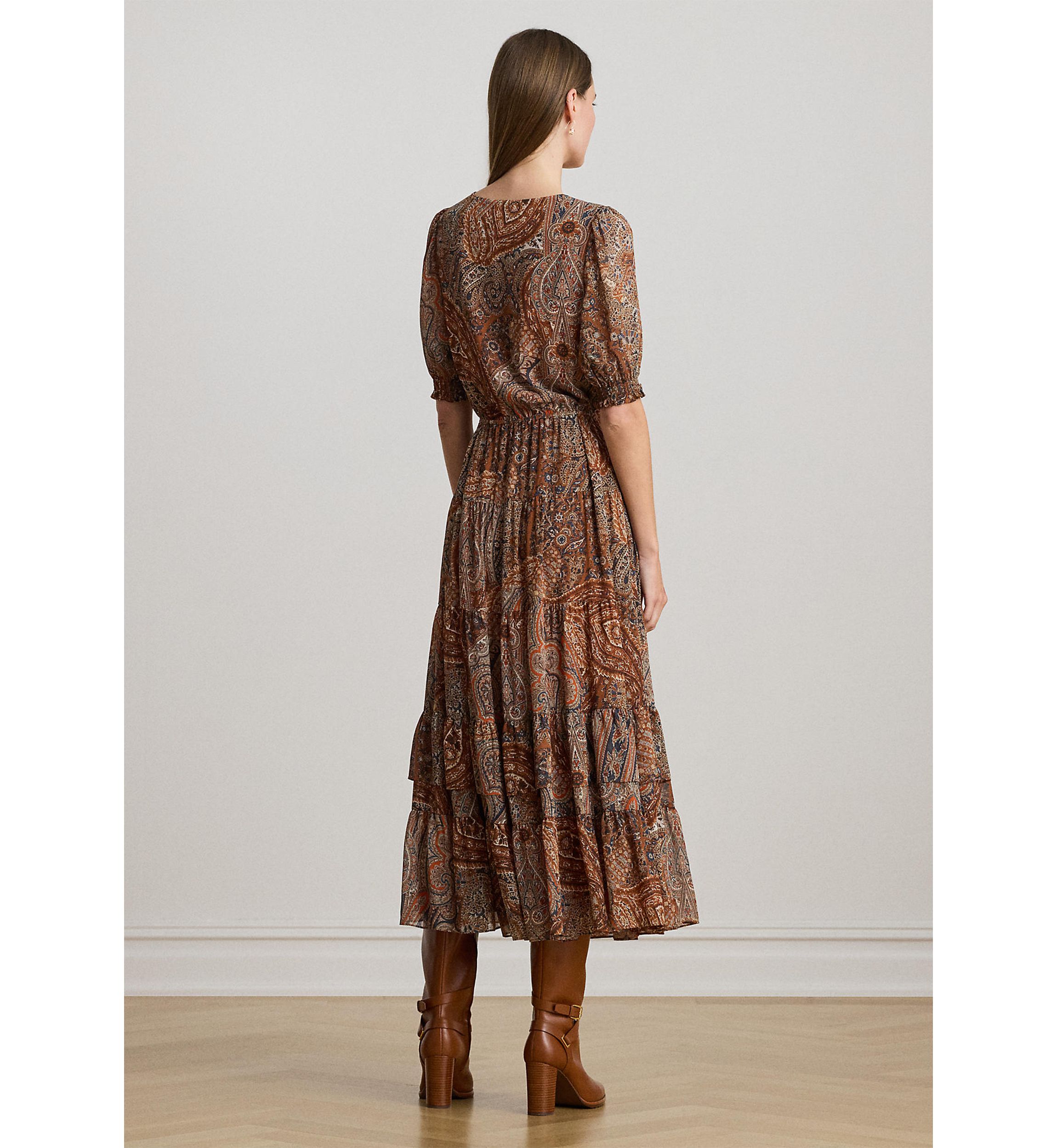 Womens Paisley Belted Crinkle Georgette Dress