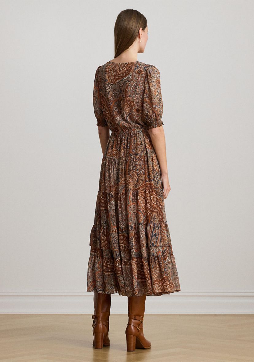 Womens Paisley Belted Crinkle Georgette Dress