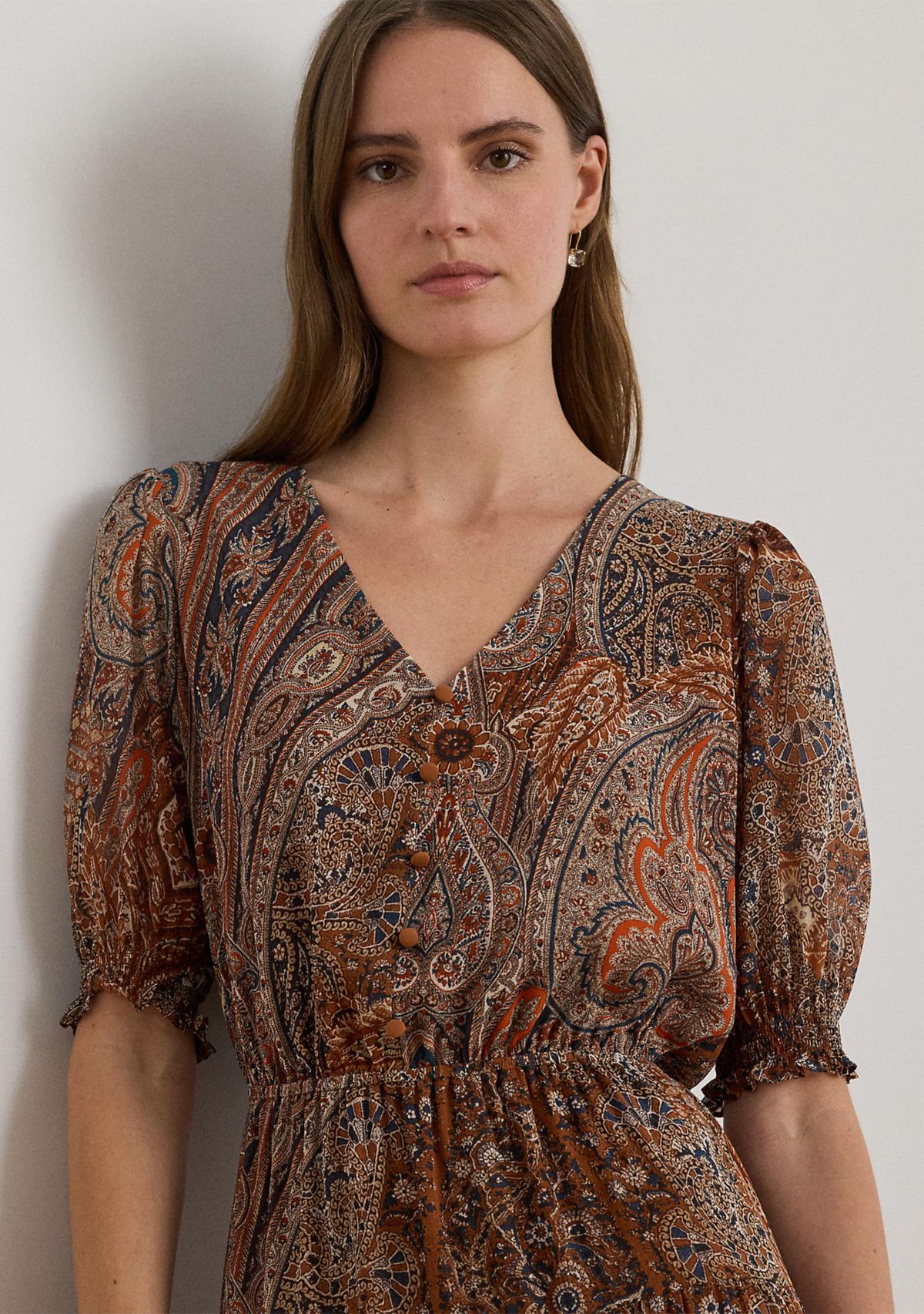 Womens Paisley Belted Crinkle Georgette Dress