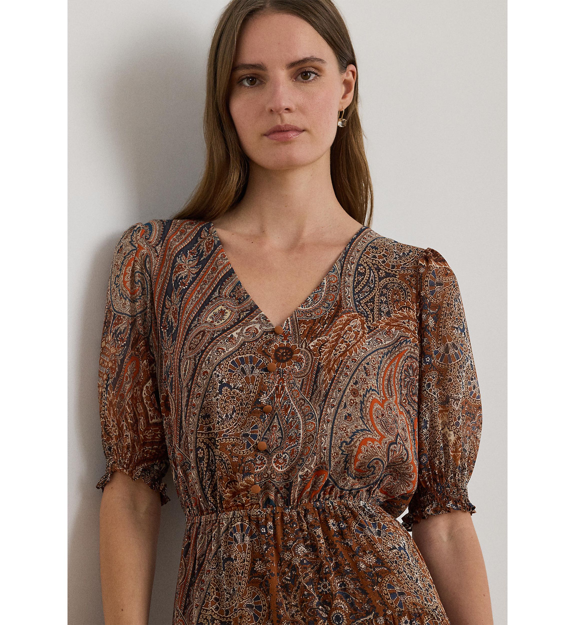 Womens Paisley Belted Crinkle Georgette Dress