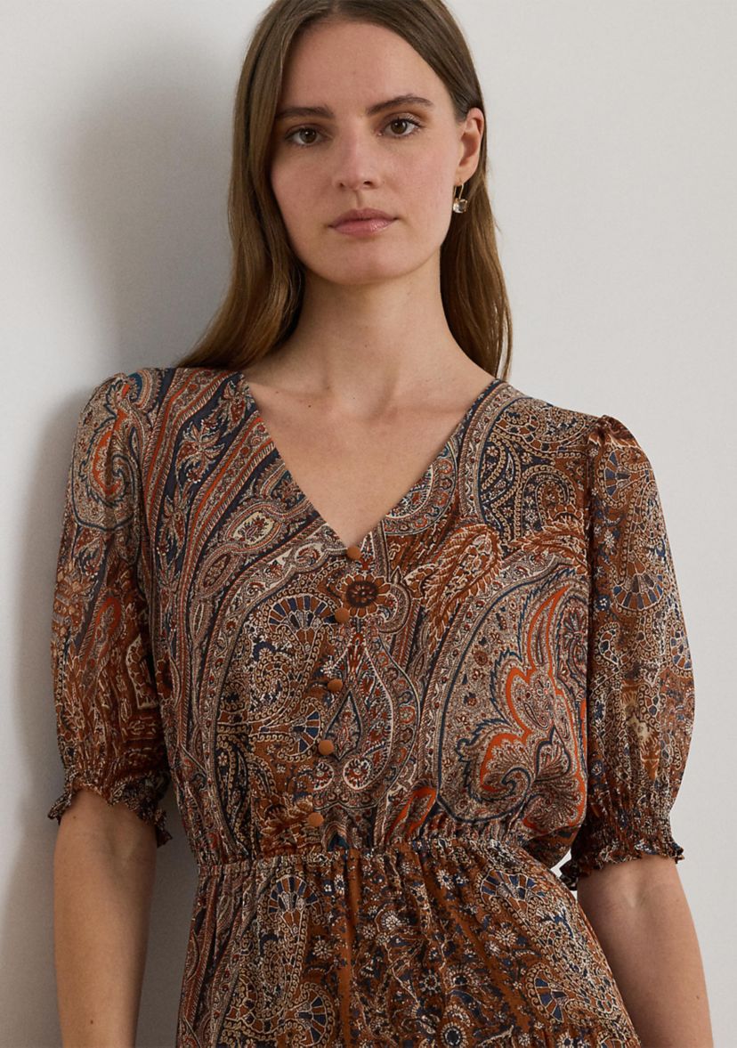 Womens Paisley Belted Crinkle Georgette Dress