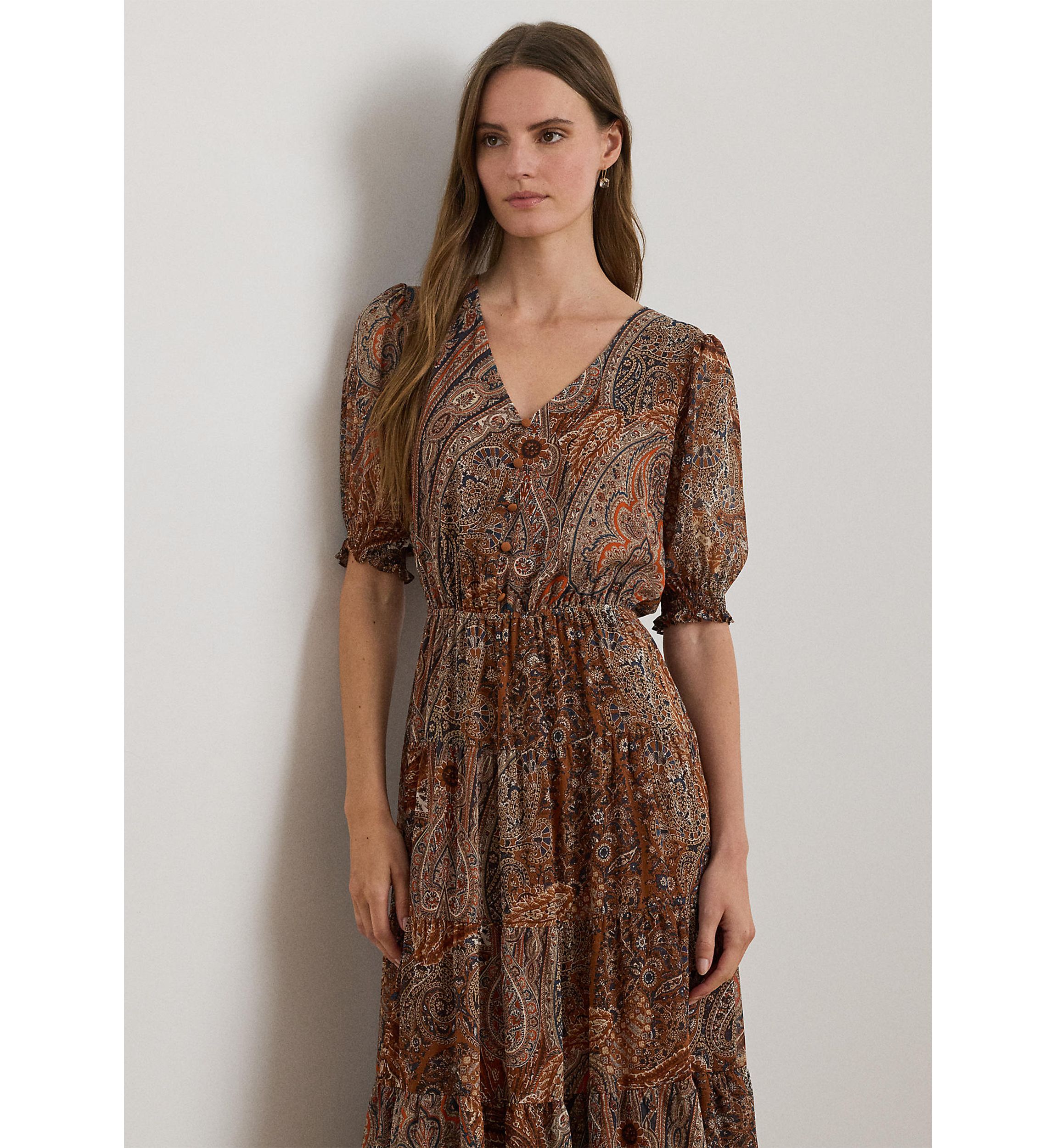 Womens Paisley Belted Crinkle Georgette Dress