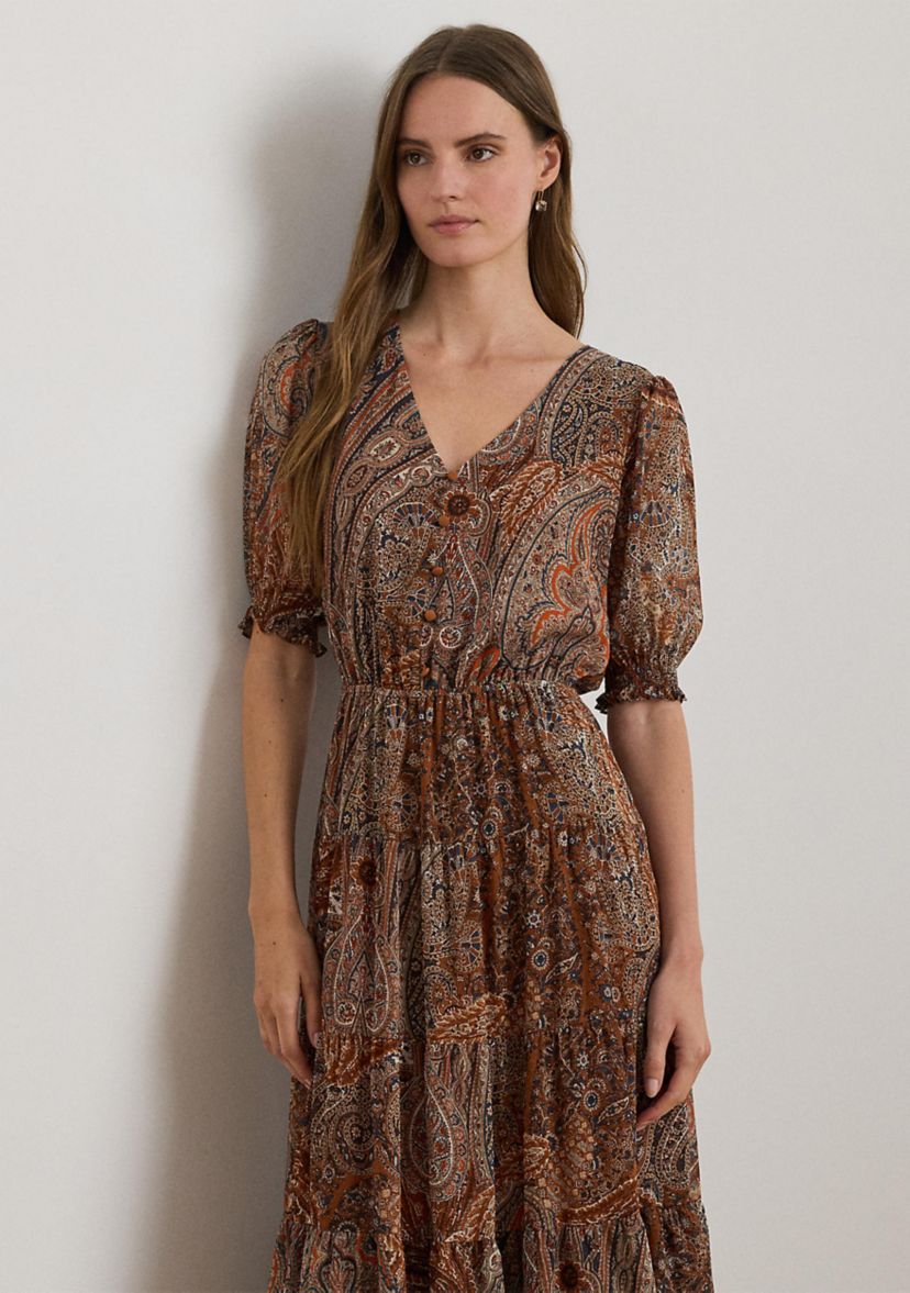 Womens Paisley Belted Crinkle Georgette Dress