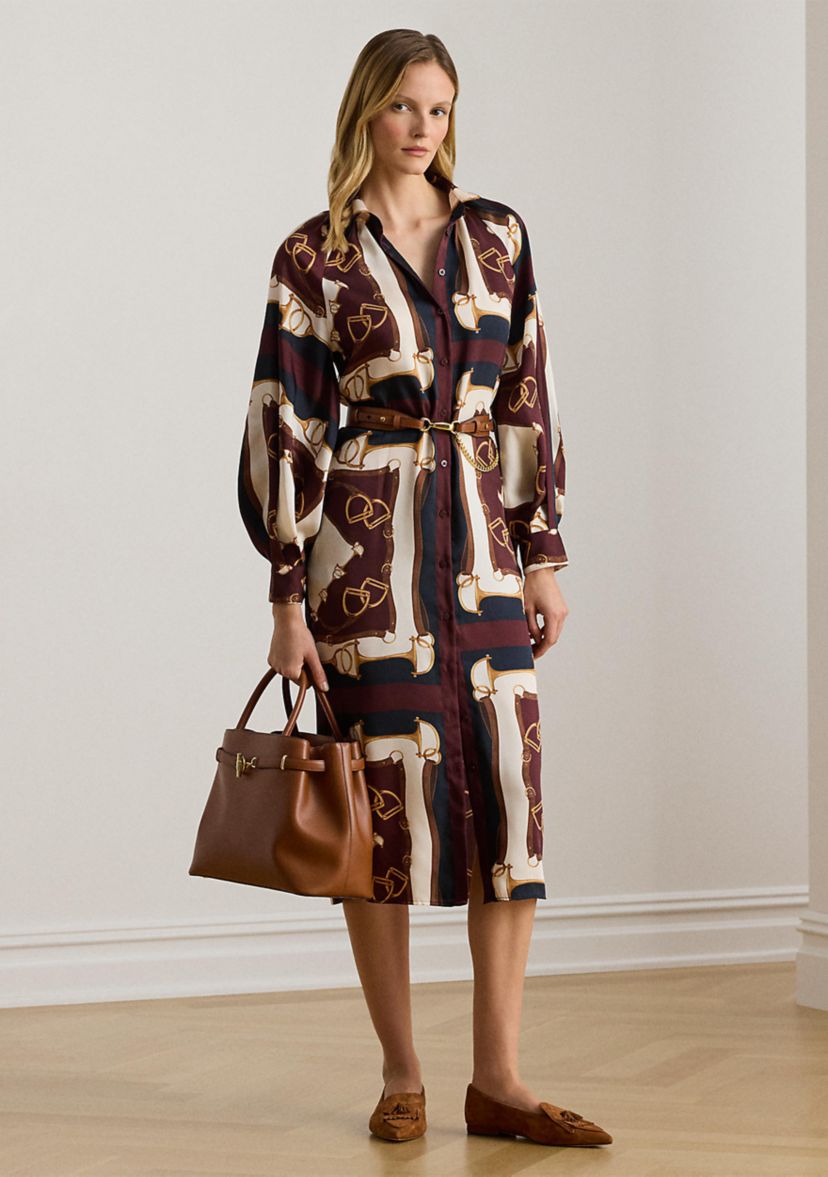 Womens Equestrian-Print Twill Midi Shirtdress