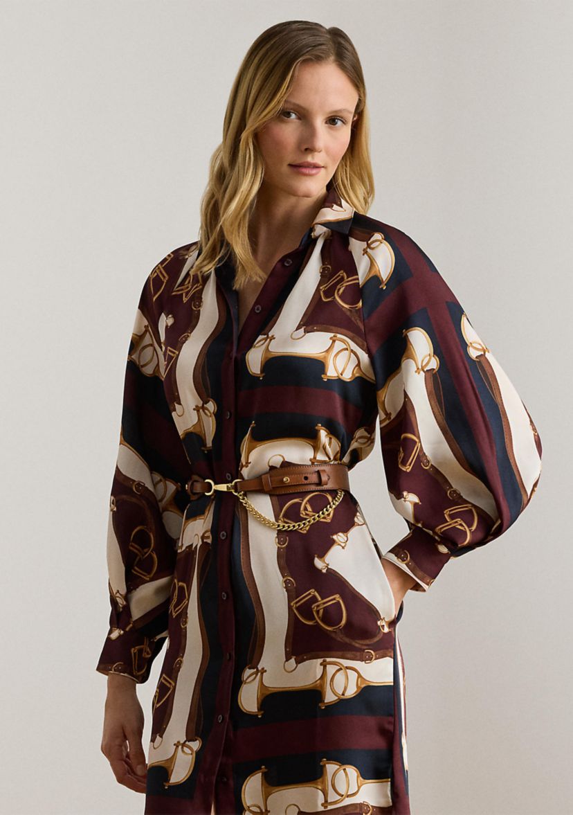 Womens Equestrian-Print Twill Midi Shirtdress