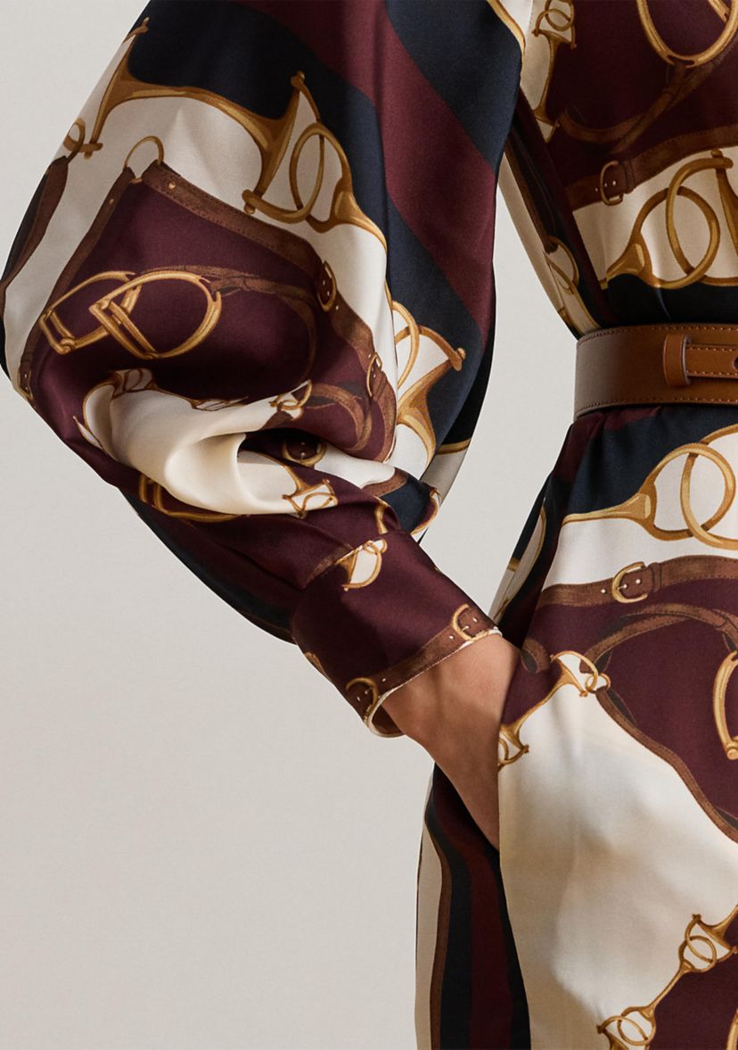 Womens Equestrian-Print Twill Midi Shirtdress