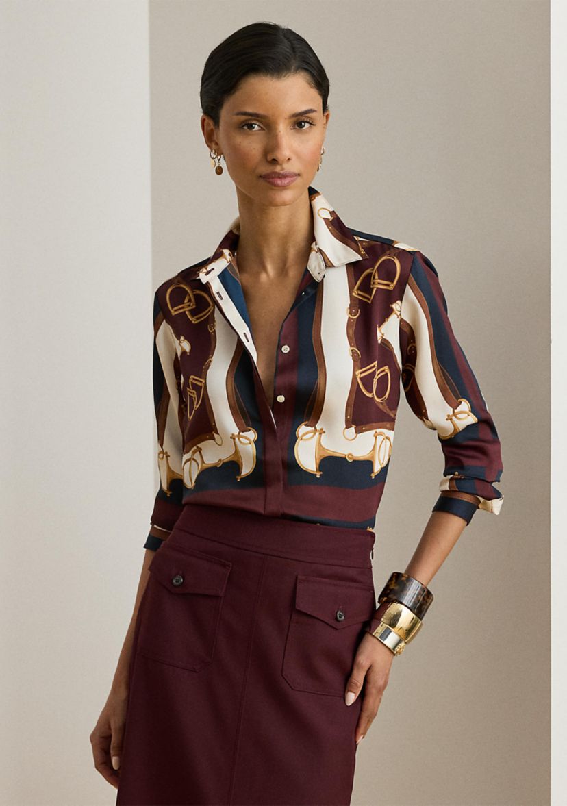 Womens Classic Fit Equestrian-Print Twill Shirt