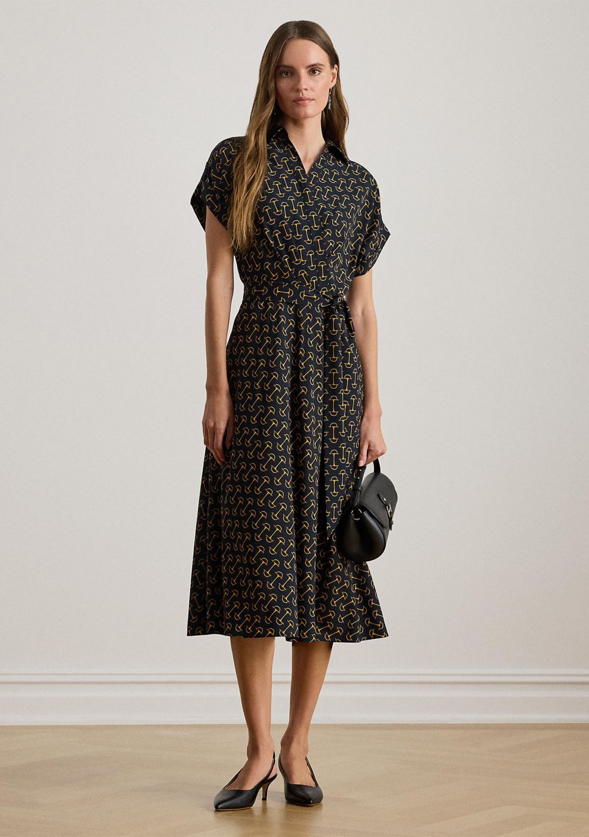 Womens Geo-Print Belted Crepe Dress