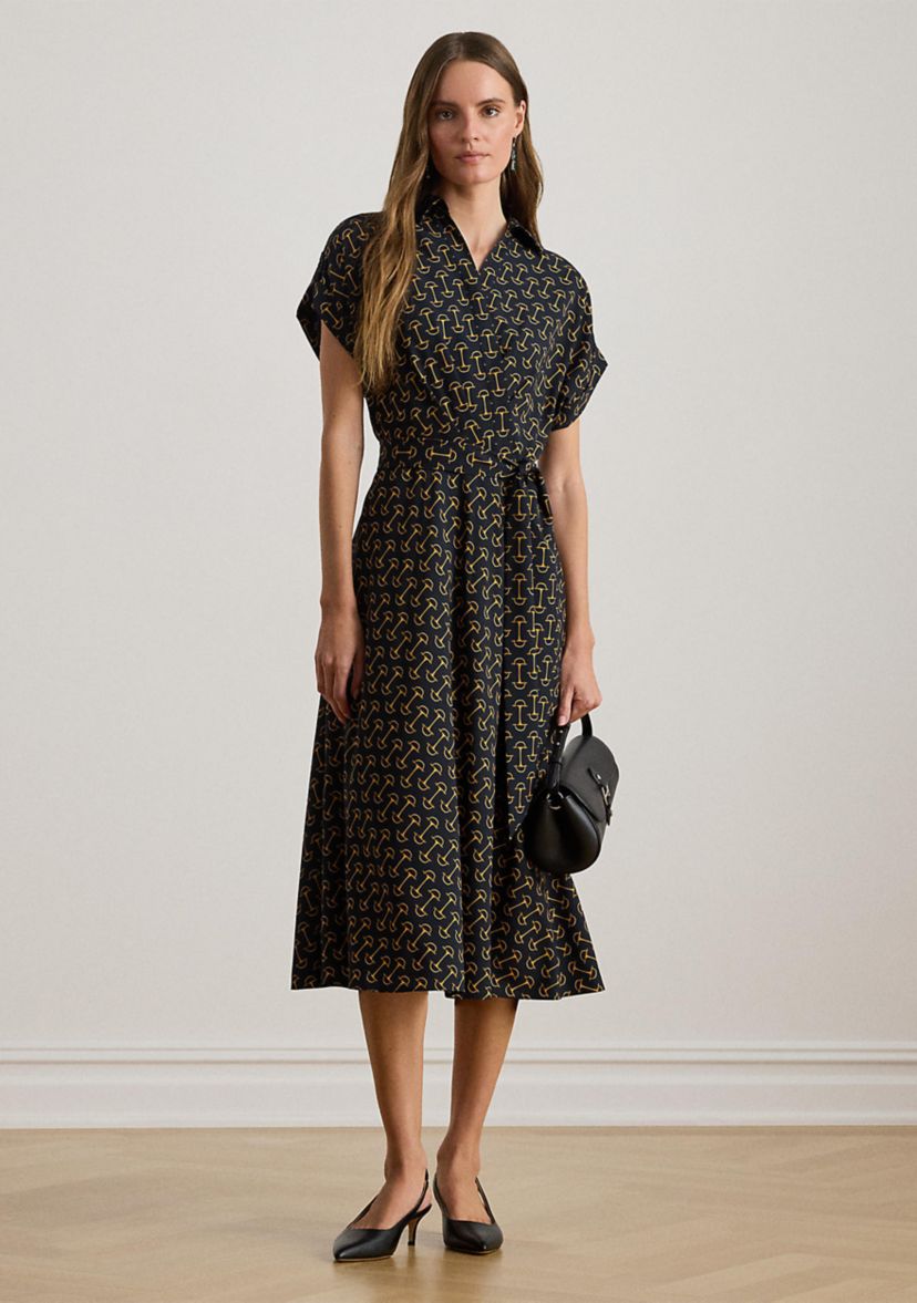 Womens Geo-Print Belted Crepe Dress