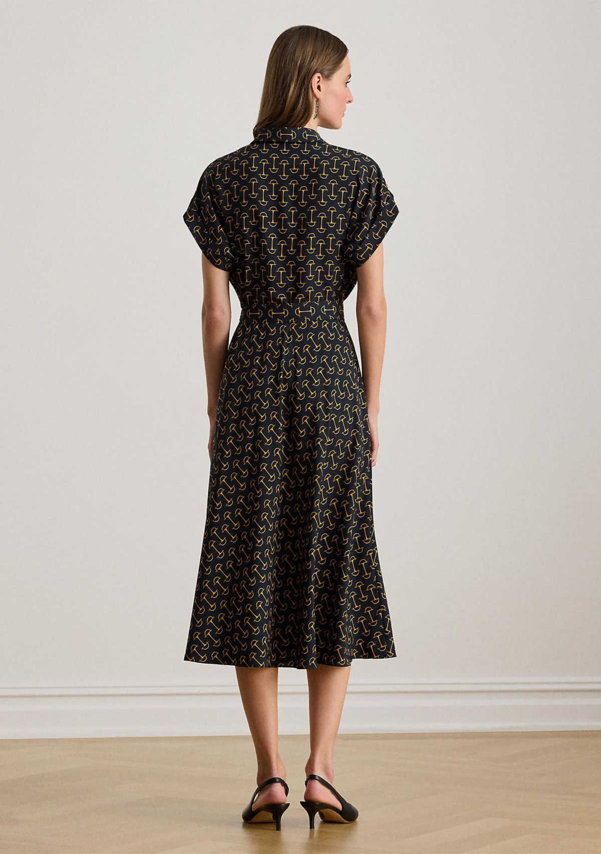 Womens Geo-Print Belted Crepe Dress