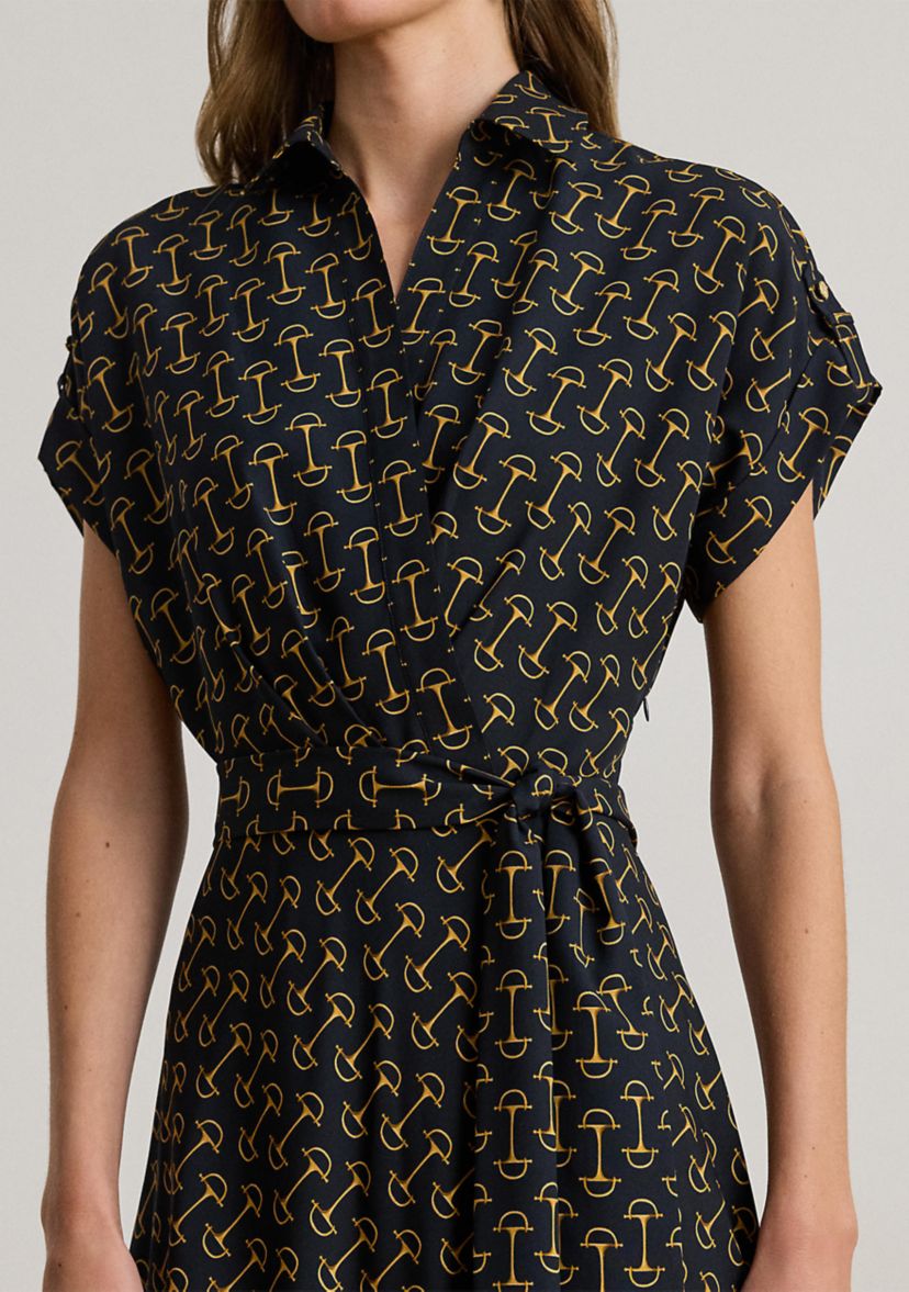 Womens Geo-Print Belted Crepe Dress