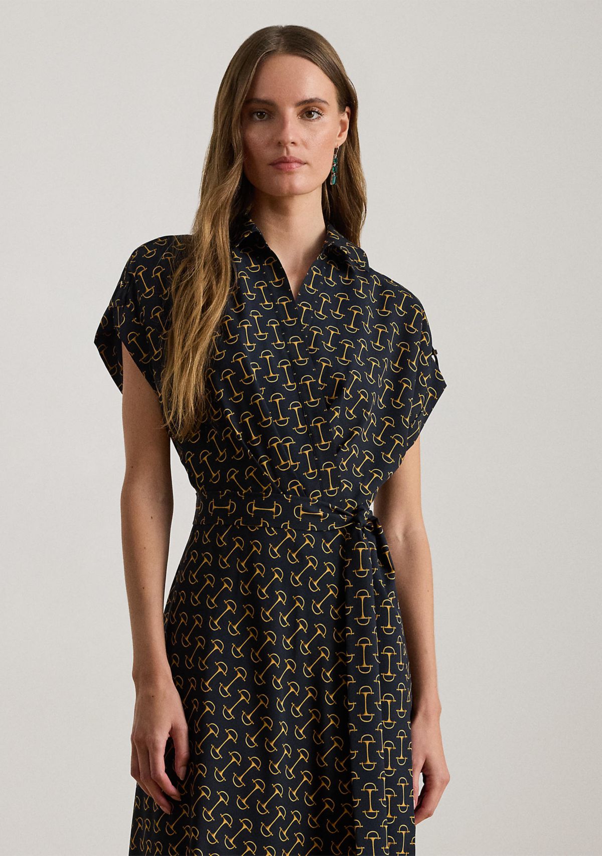 Womens Geo-Print Belted Crepe Dress