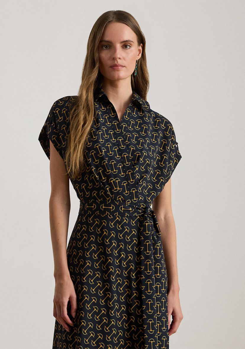 Womens Geo-Print Belted Crepe Dress