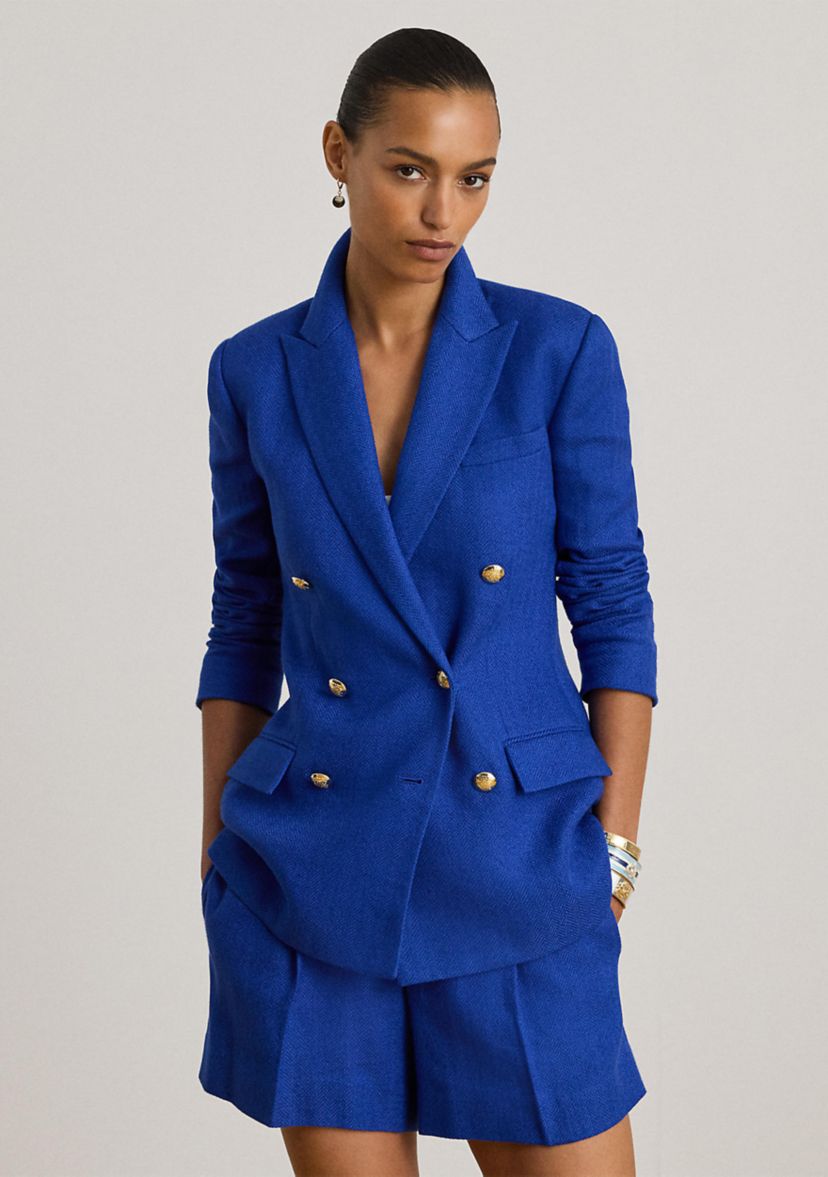 Womens Double-Breasted Linen-Cotton Blazer