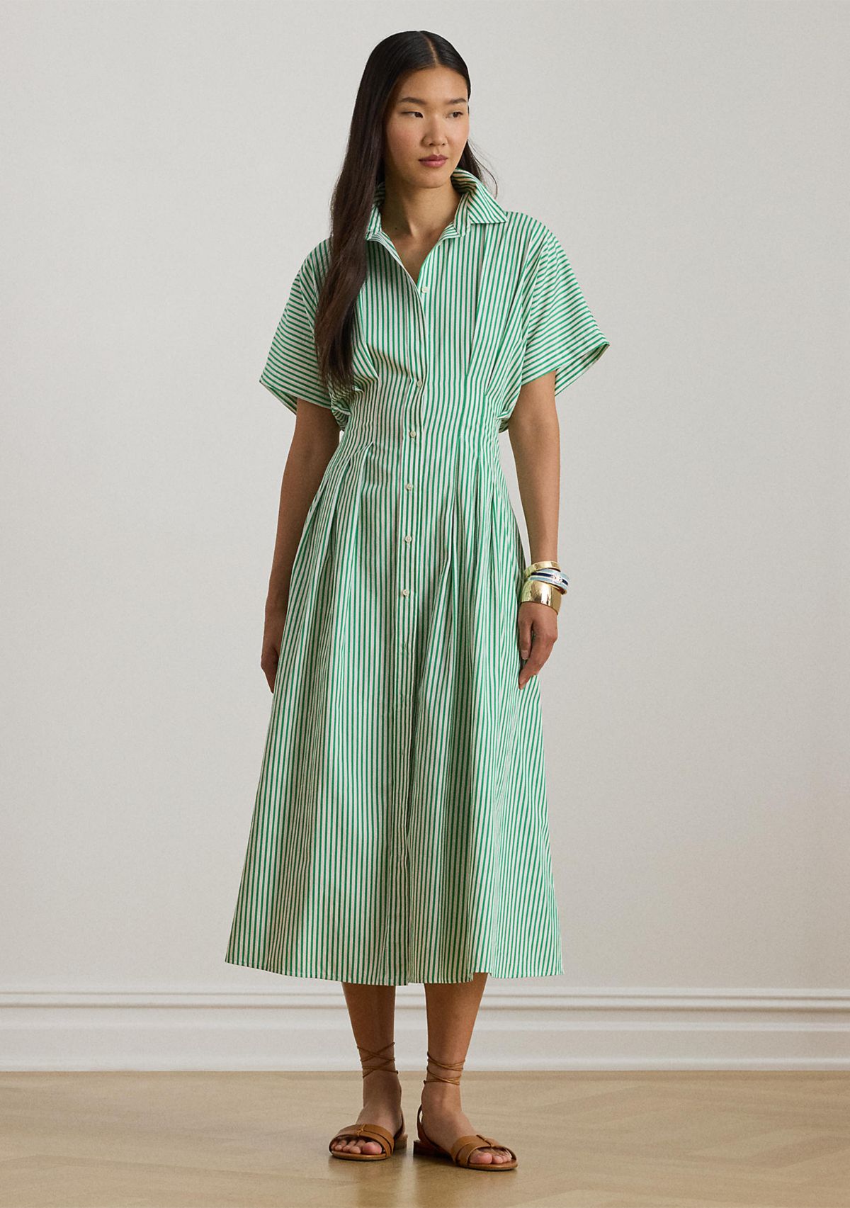 Womens Striped Pleated Broadcloth Shirtdress