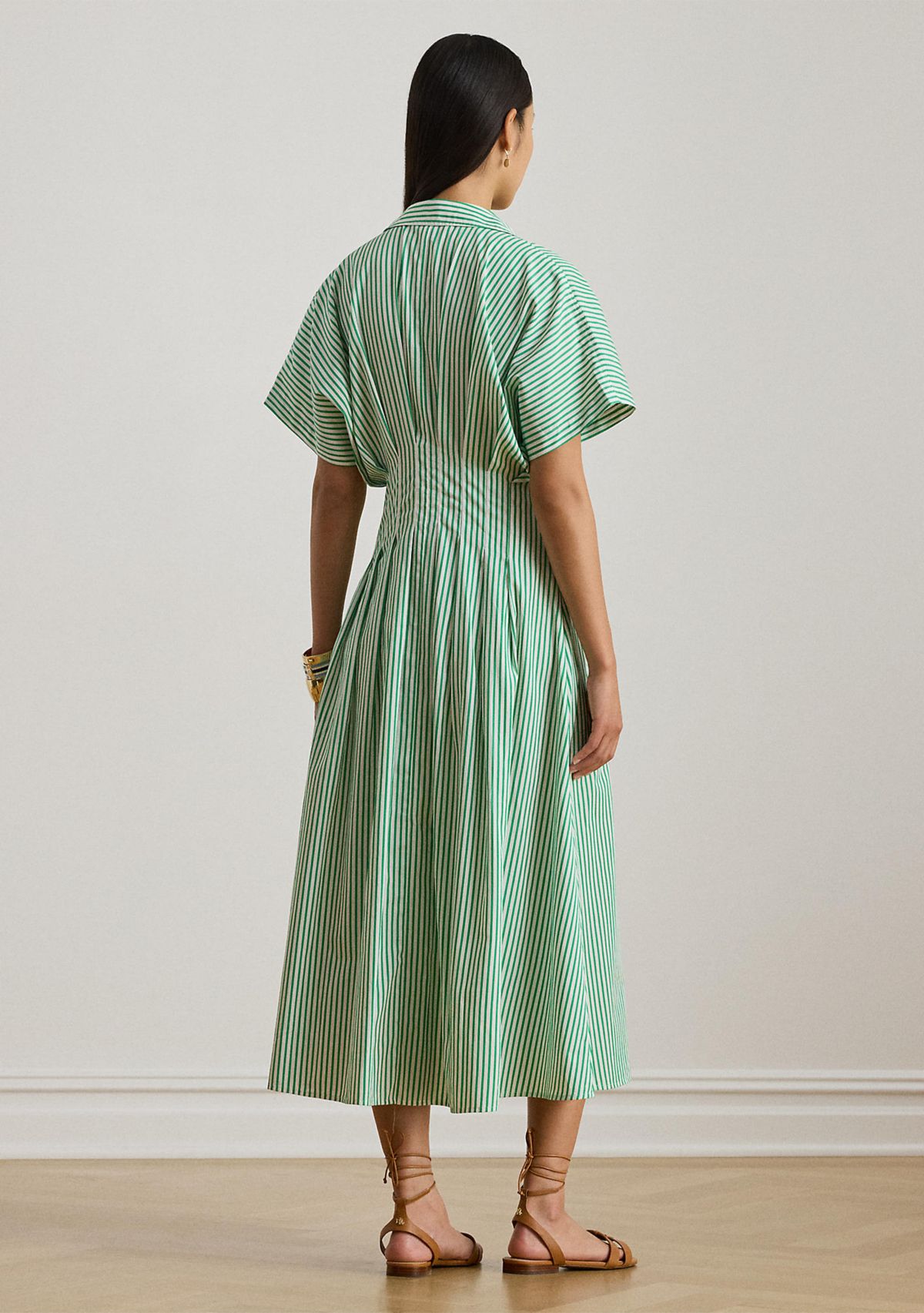 Womens Striped Pleated Broadcloth Shirtdress