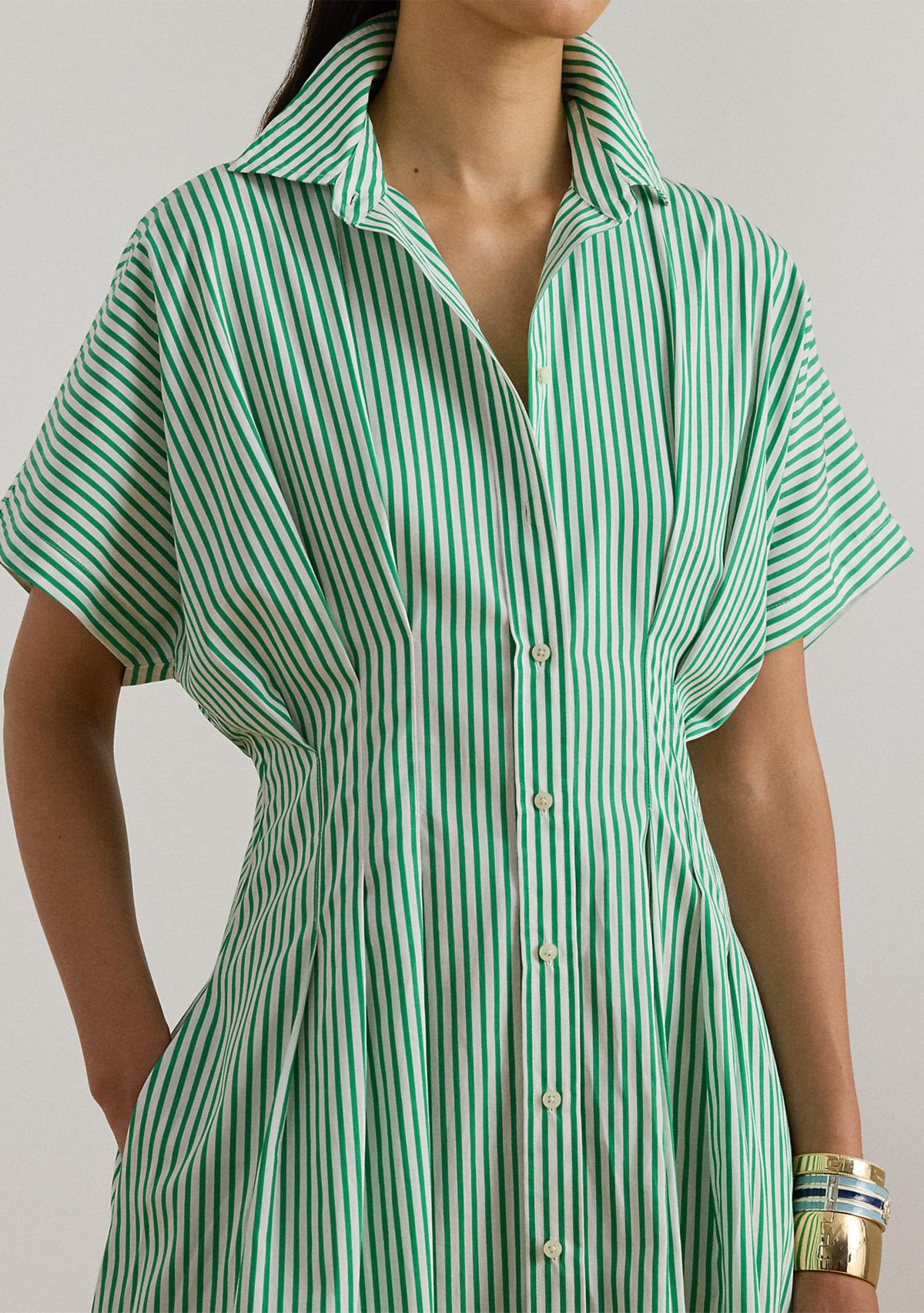 Womens Striped Pleated Broadcloth Shirtdress