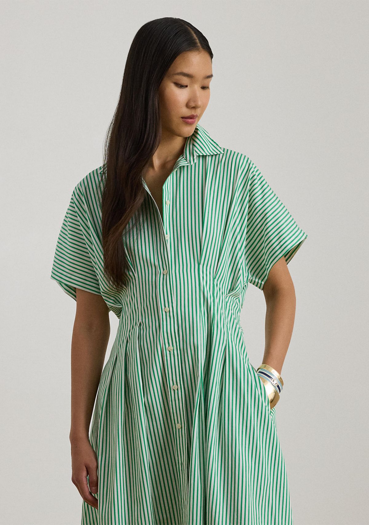 Womens Striped Pleated Broadcloth Shirtdress