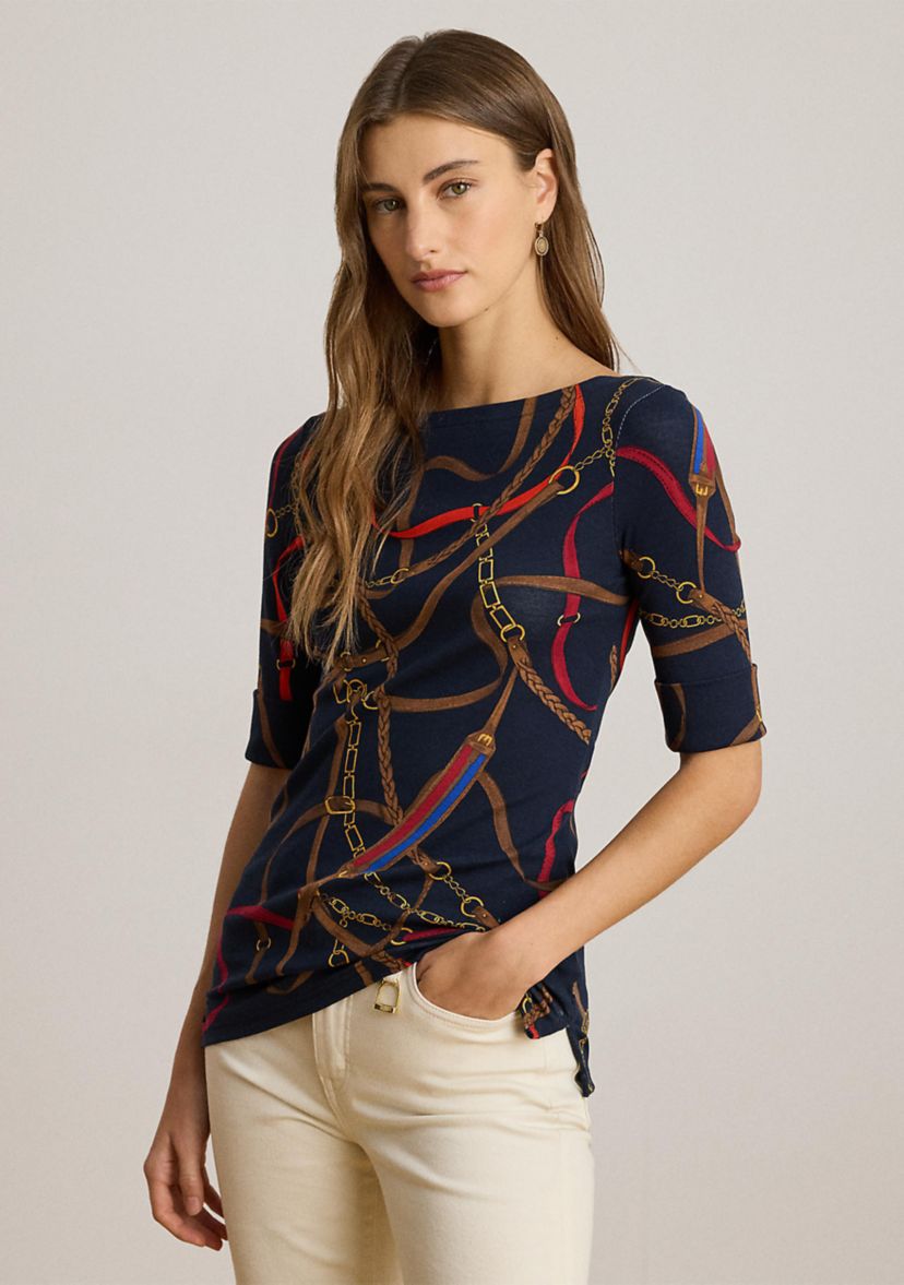 Womens Belting-Print Cotton Boatneck T-Shirt