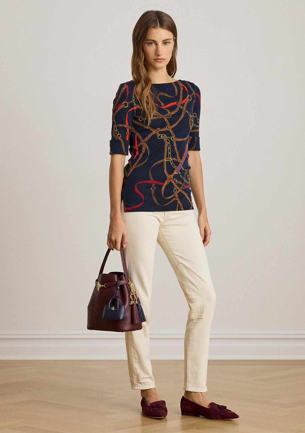 Womens Belting-Print Cotton Boatneck T-Shirt