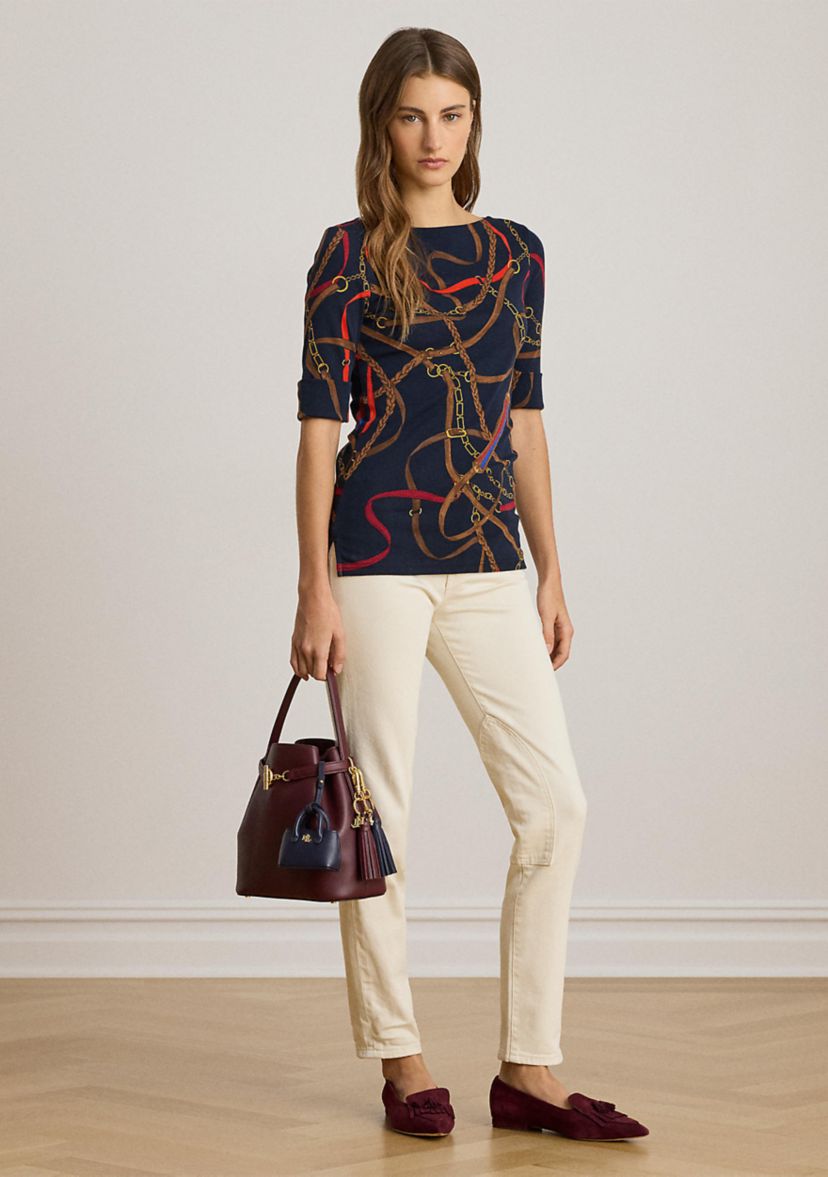 Womens Belting-Print Cotton Boatneck T-Shirt