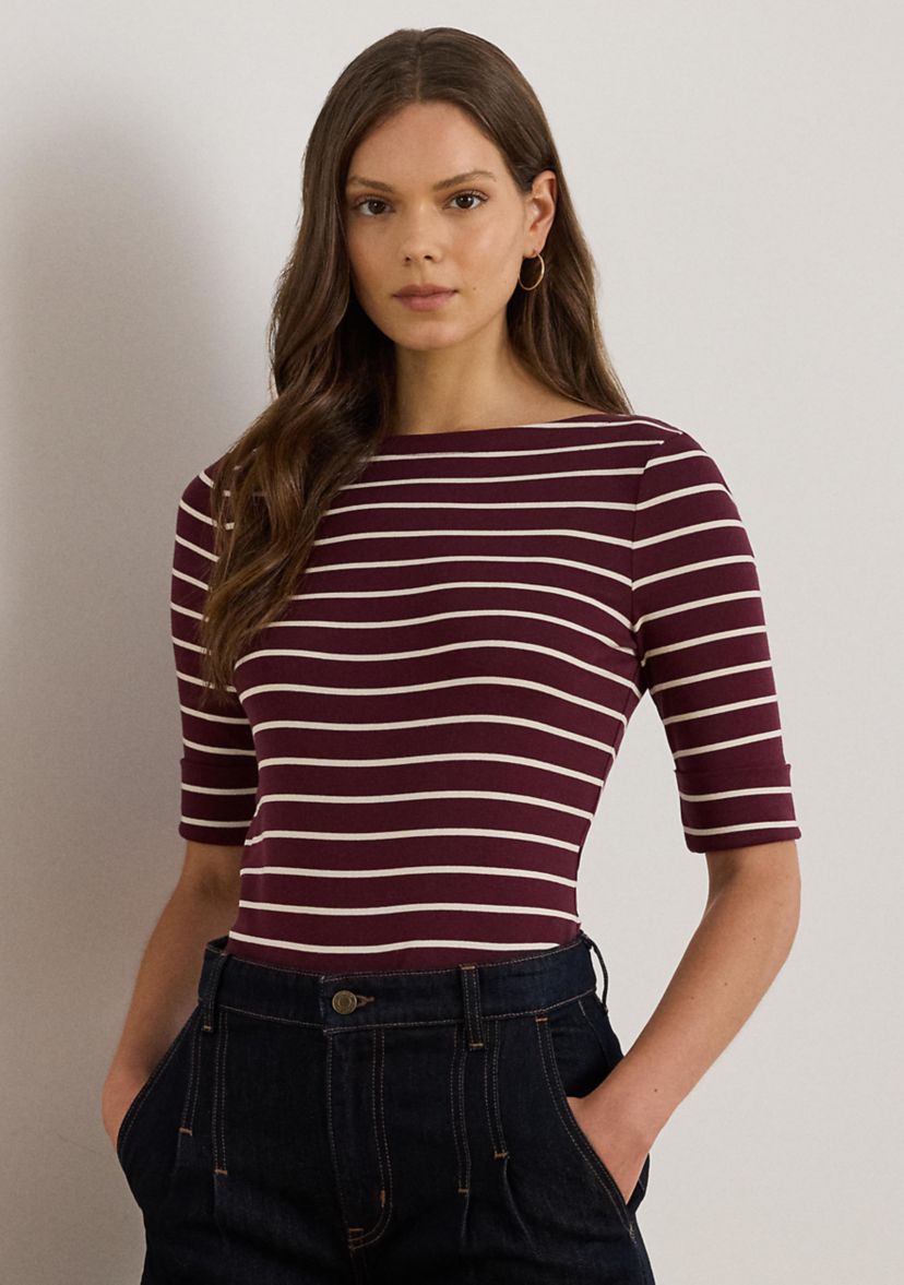 Womens Striped Stretch Cotton Boat Neck T-Shirt