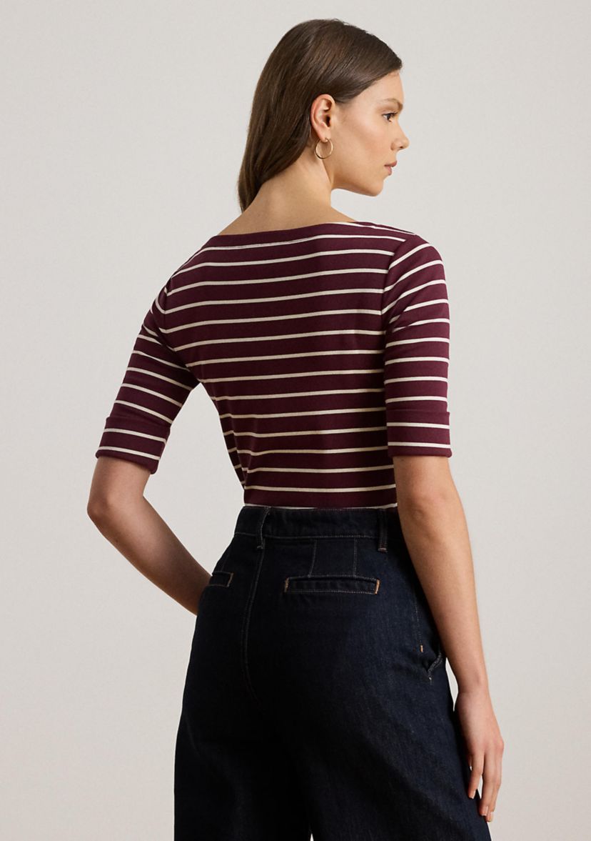 Womens Striped Stretch Cotton Boat Neck T-Shirt