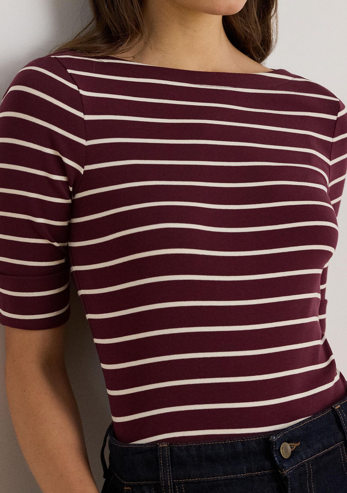 Womens Striped Stretch Cotton Boat Neck T-Shirt