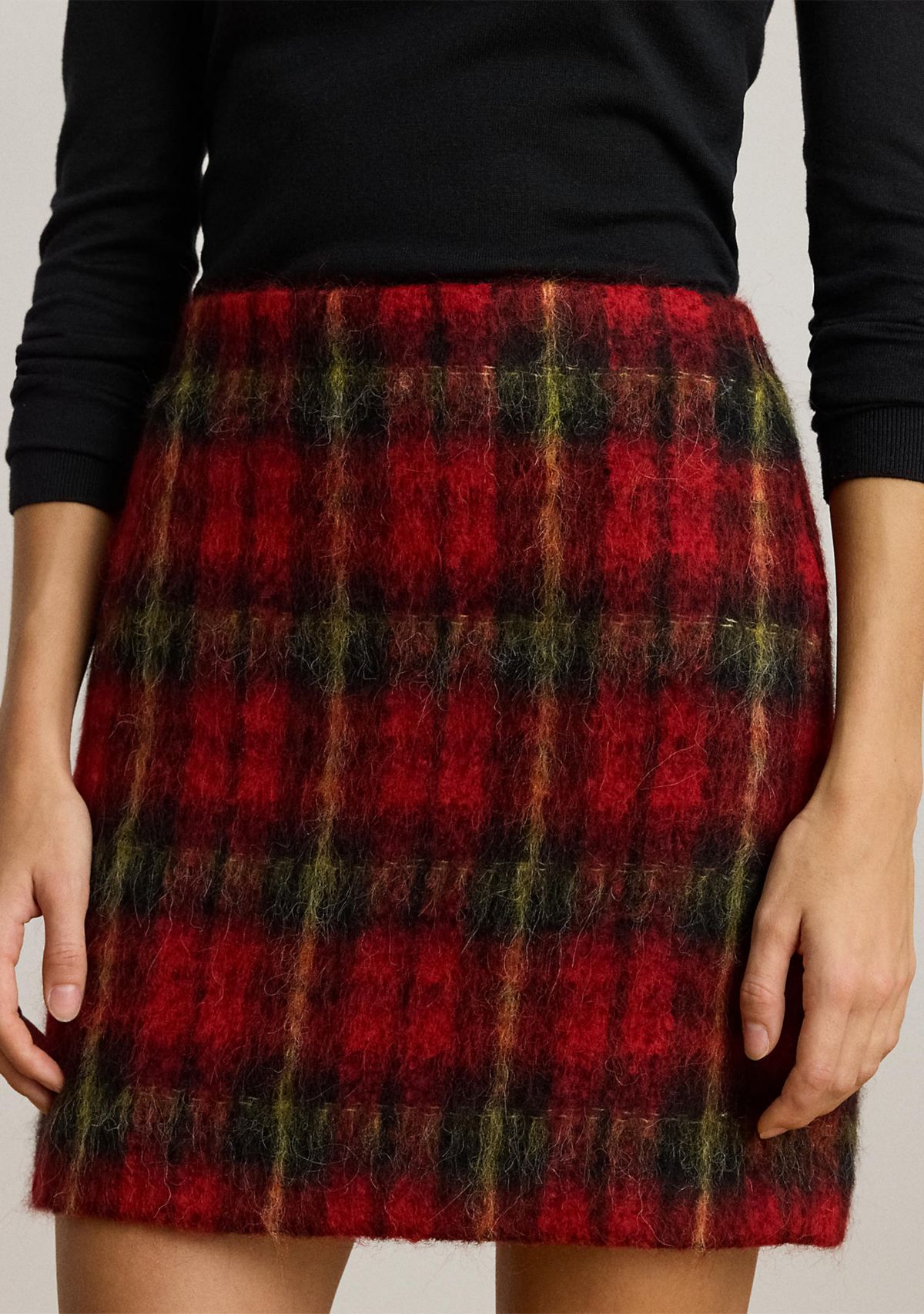 Womens Plaid Mohair Pencil Miniskirt