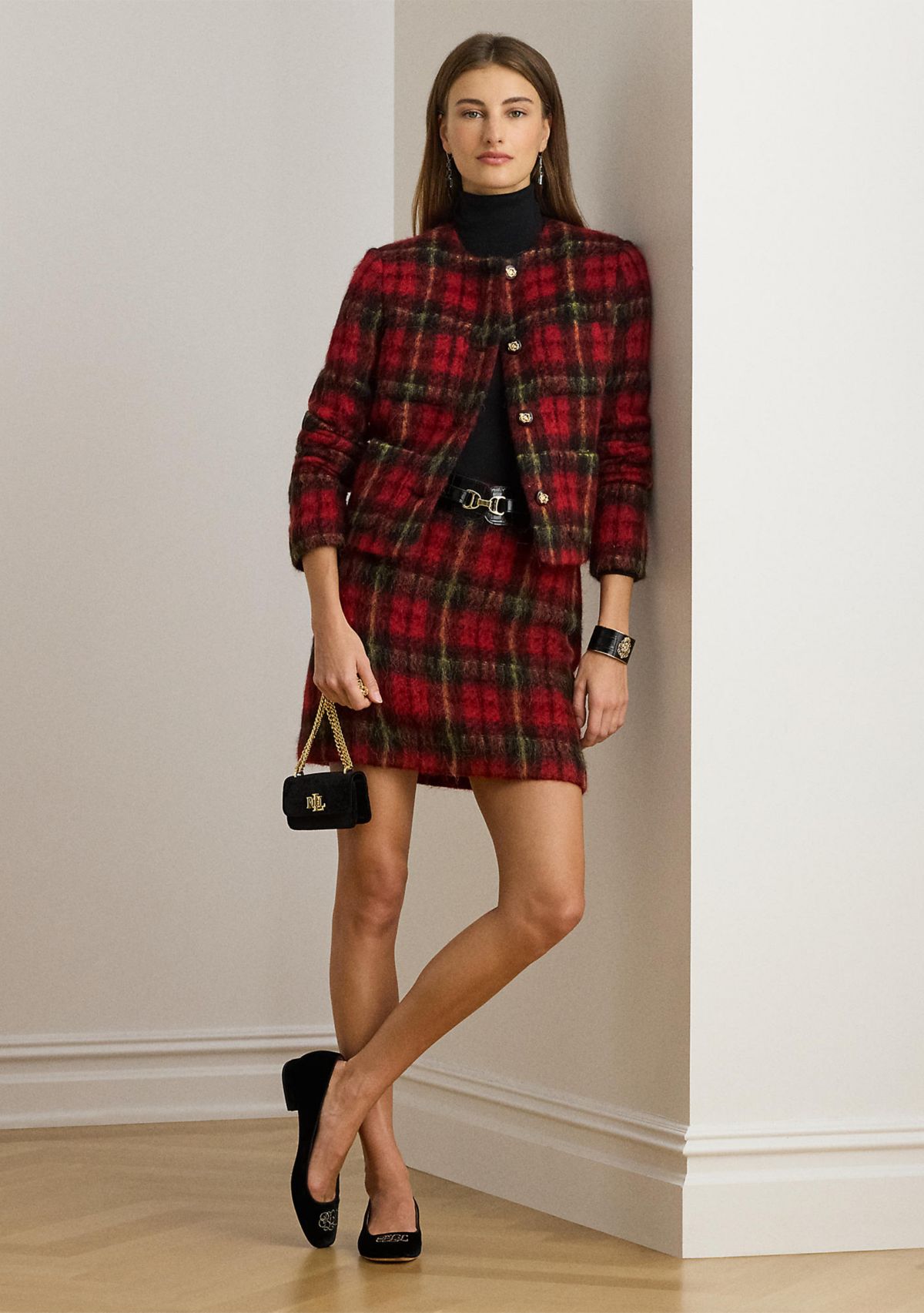 Womens Plaid Mohair Pencil Miniskirt