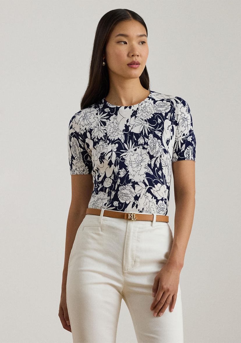 Womens Floral Cotton-Blend Short-Sleeve Sweater