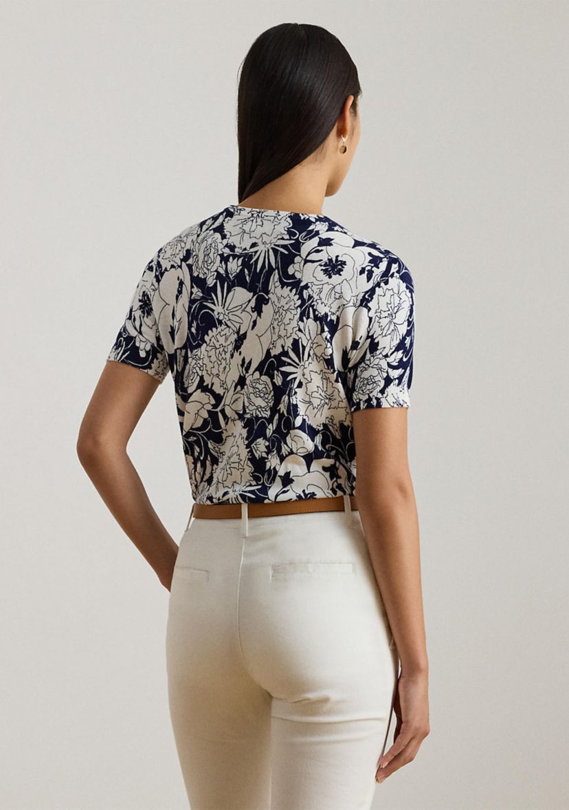 Womens Floral Cotton-Blend Short-Sleeve Sweater