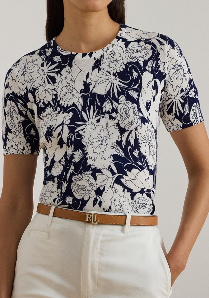 Womens Floral Cotton-Blend Short-Sleeve Sweater