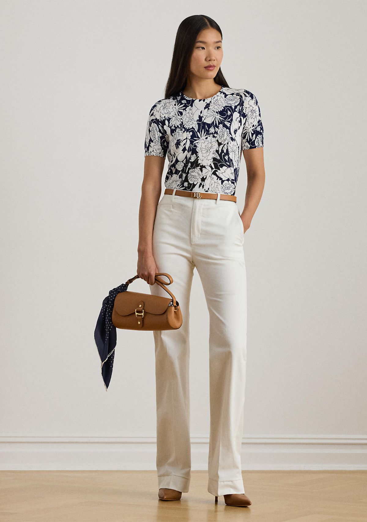 Womens Floral Cotton-Blend Short-Sleeve Sweater