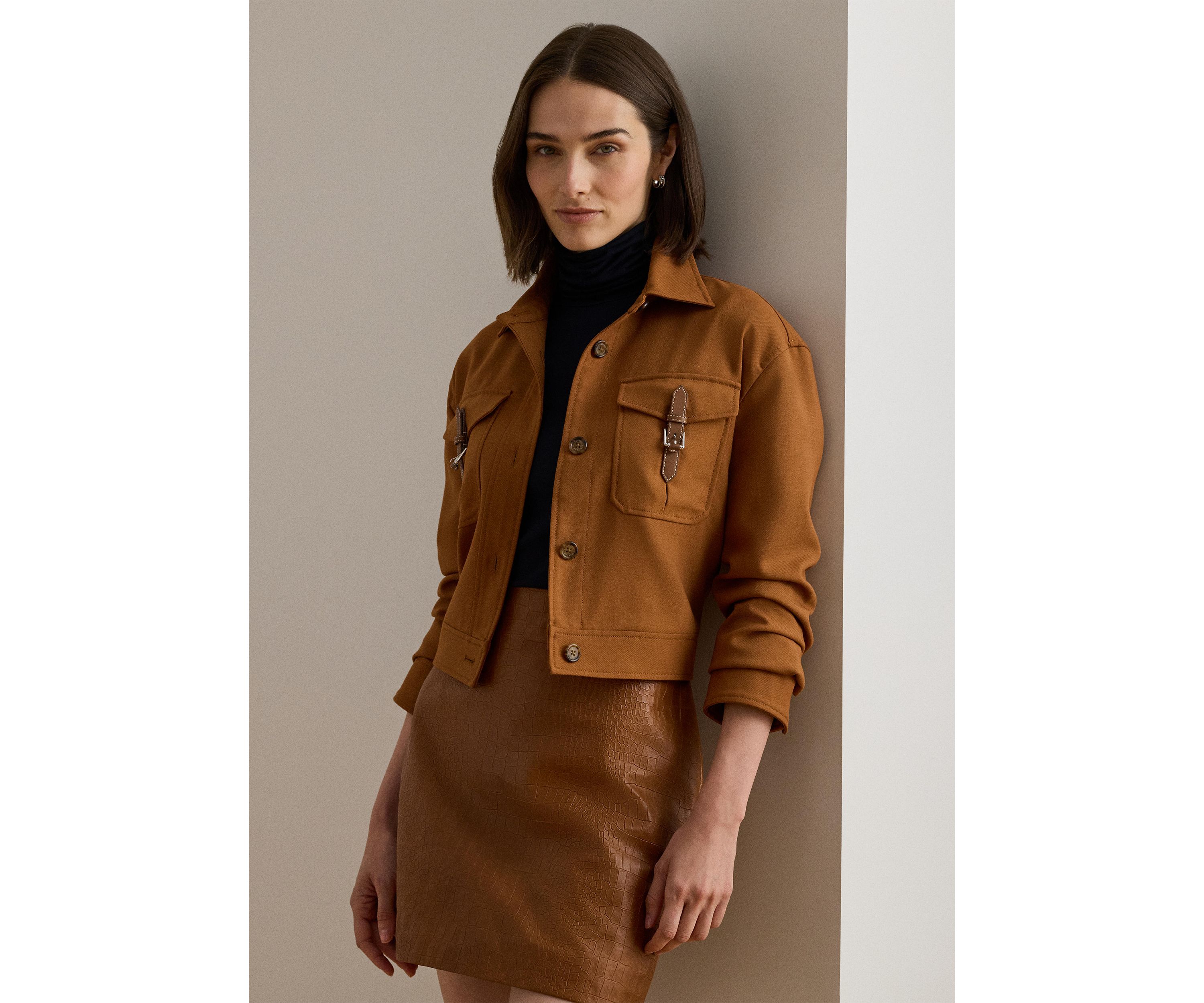 Womens Buckle-Trim Serge Cropped Jacket
