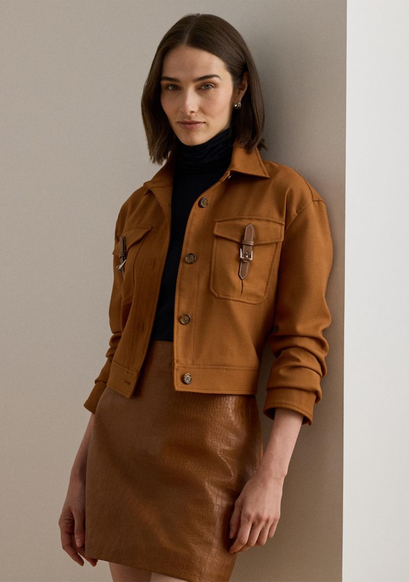 Womens Buckle-Trim Serge Cropped Jacket