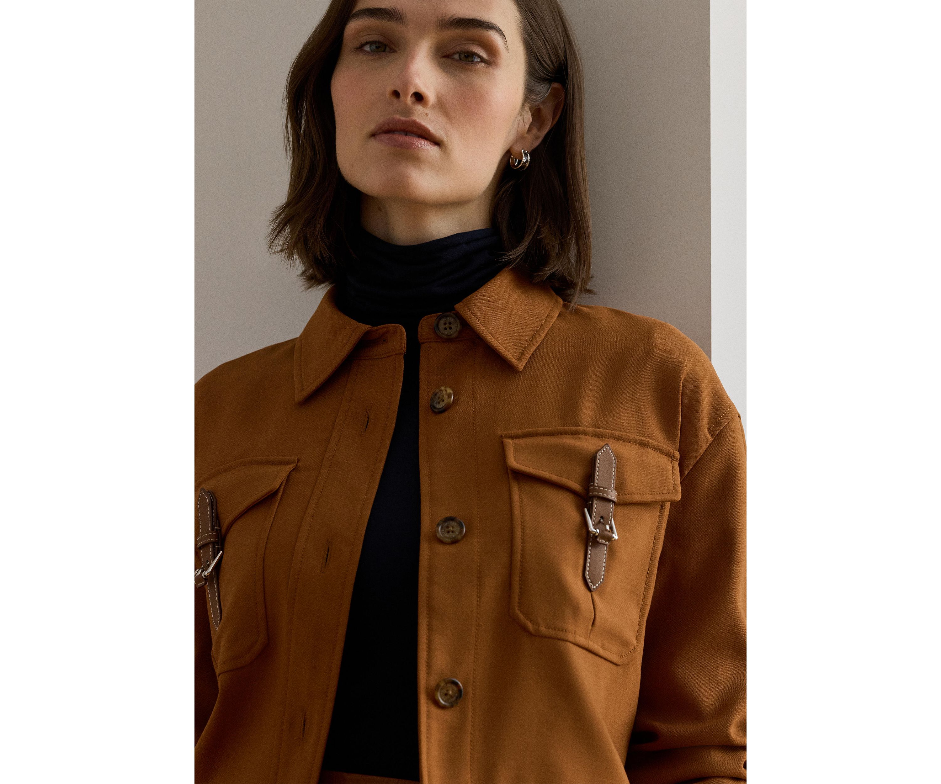 Womens Buckle-Trim Serge Cropped Jacket