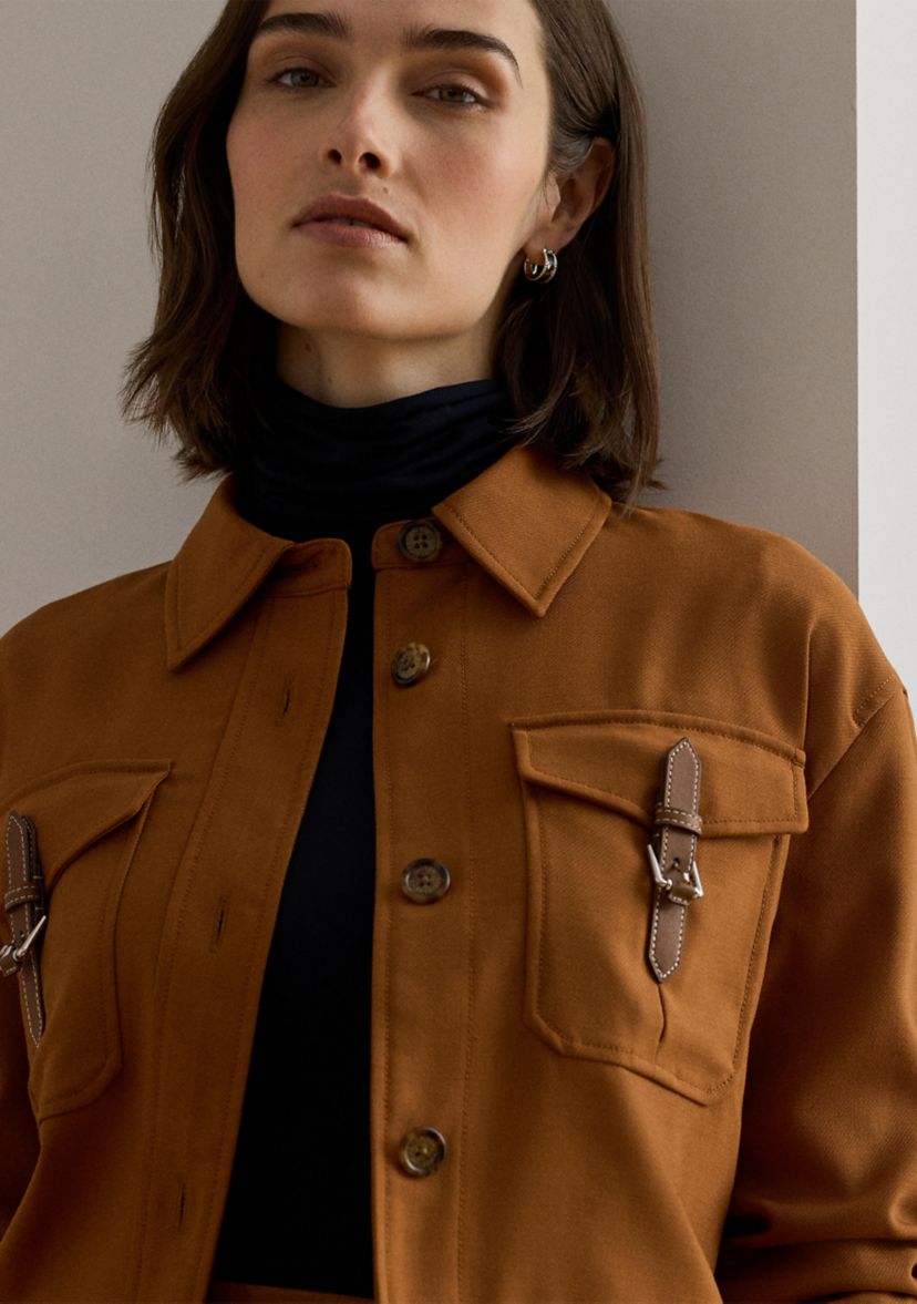 Womens Buckle-Trim Serge Cropped Jacket