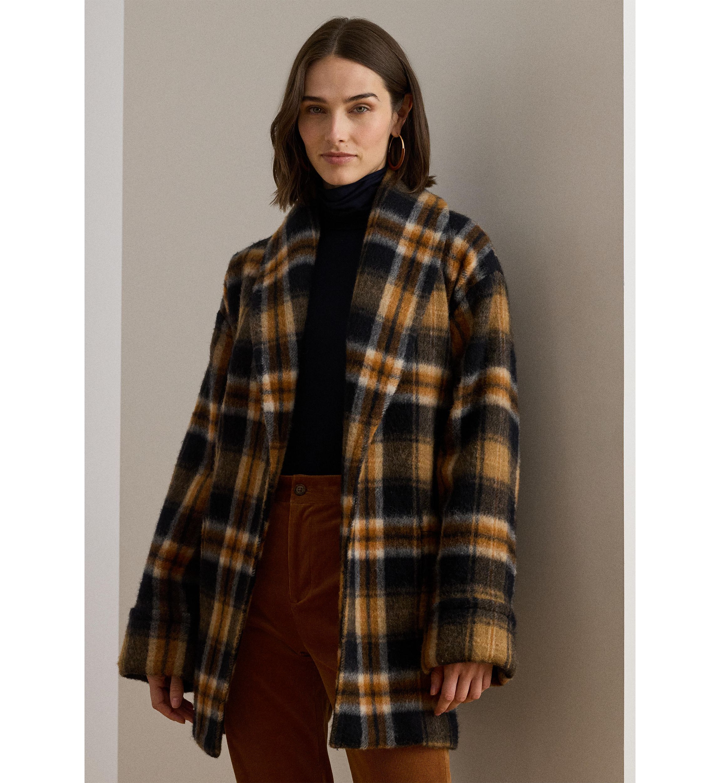 Womens Plaid Wool-Blend Shawl-Collar Wrap Coat