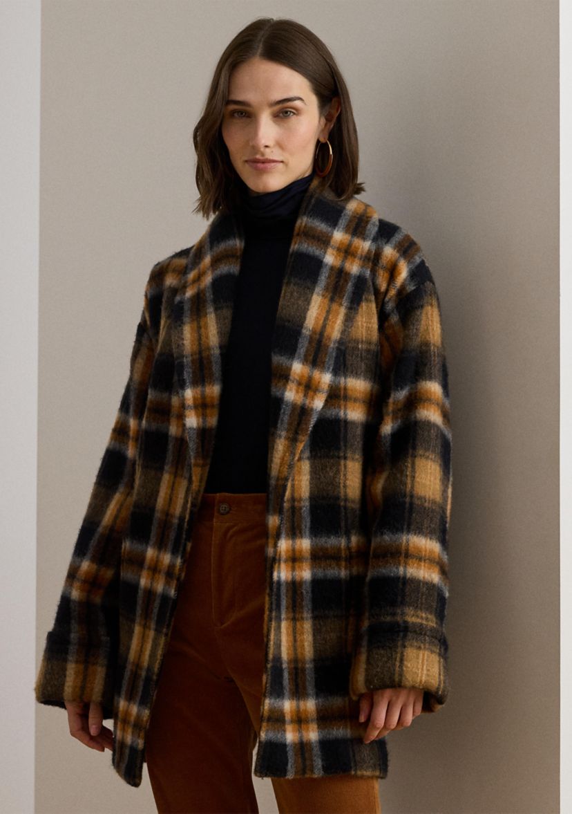 Womens Plaid Wool-Blend Shawl-Collar Wrap Coat
