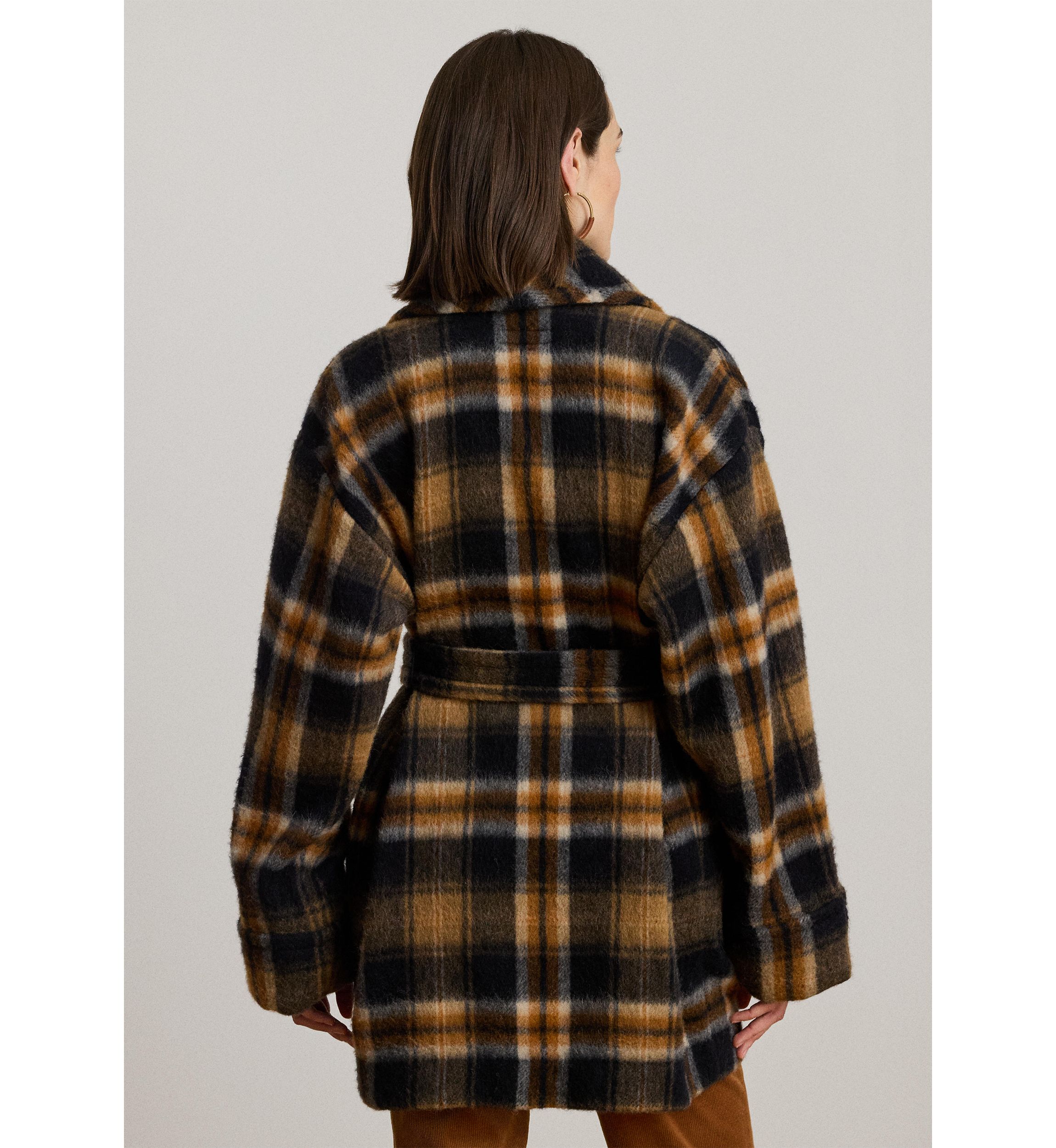 Womens Plaid Wool-Blend Shawl-Collar Wrap Coat