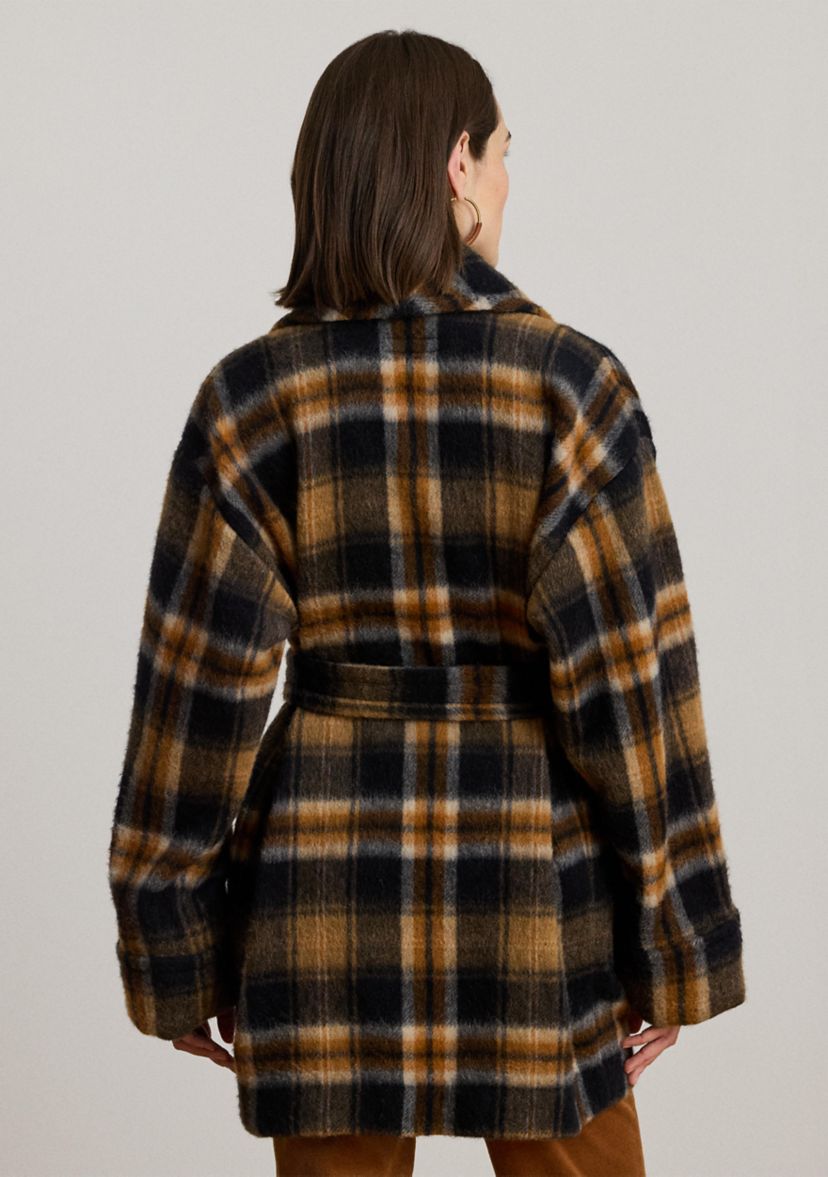 Womens Plaid Wool-Blend Shawl-Collar Wrap Coat