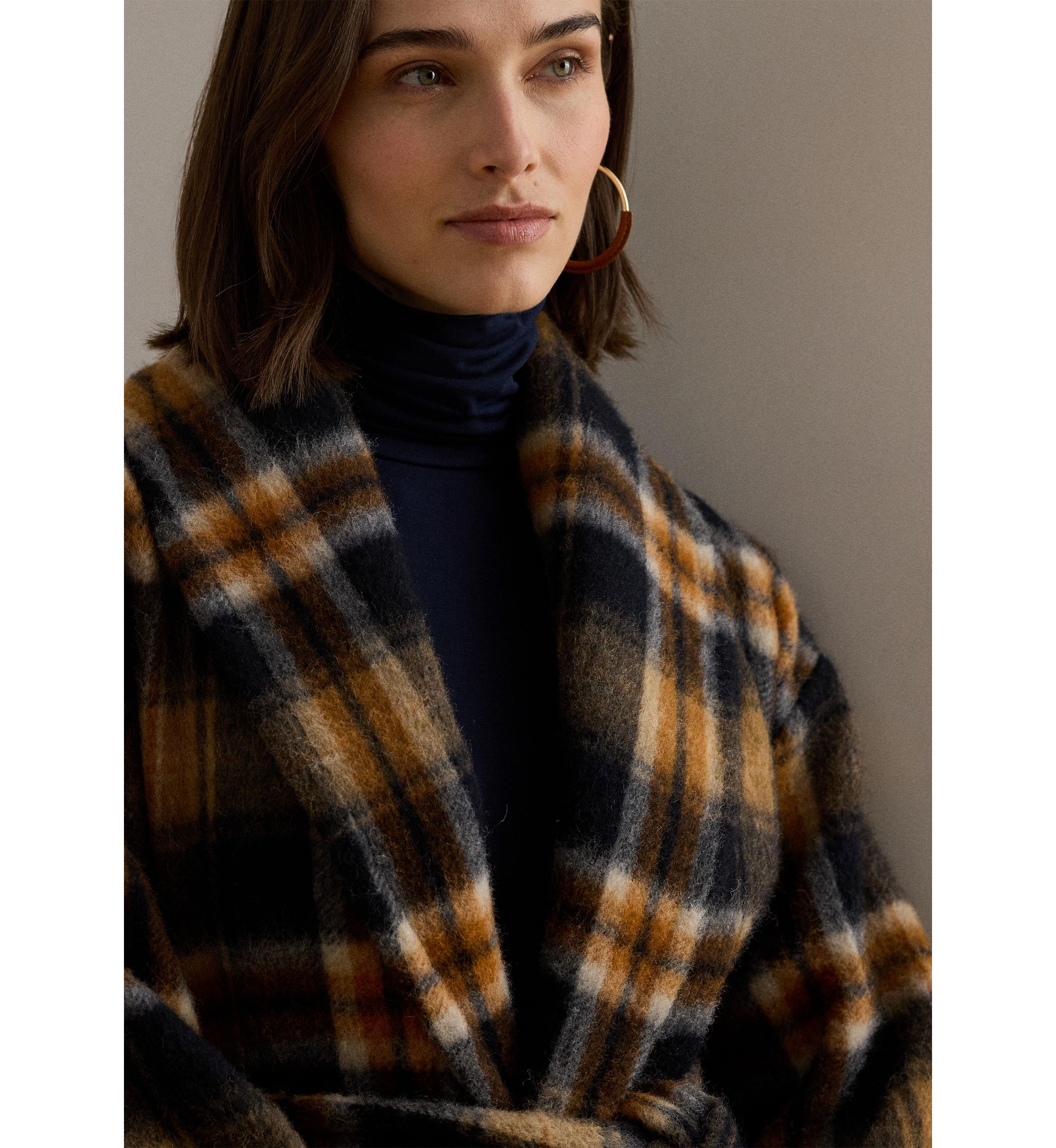 Womens Plaid Wool-Blend Shawl-Collar Wrap Coat