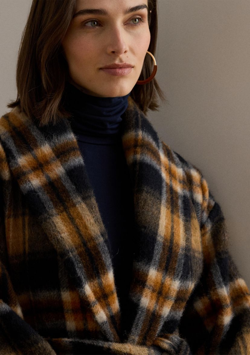 Womens Plaid Wool-Blend Shawl-Collar Wrap Coat