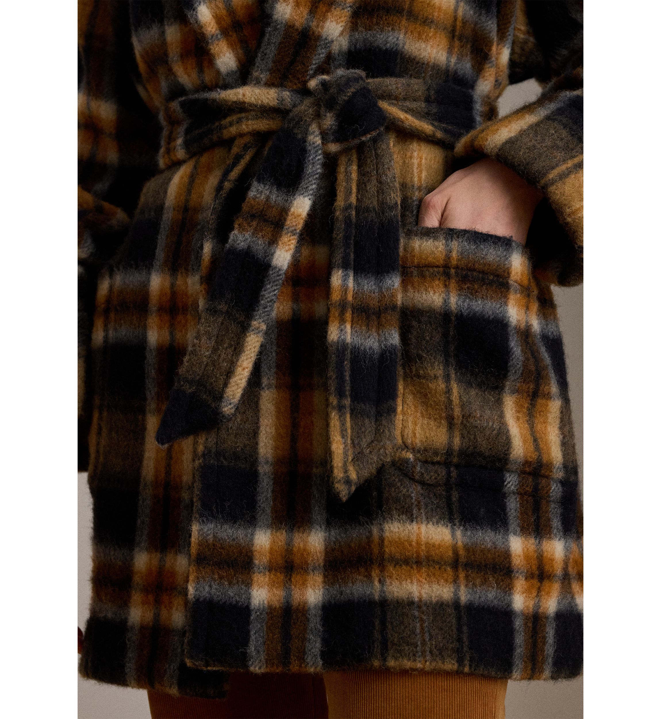 Womens Plaid Wool-Blend Shawl-Collar Wrap Coat
