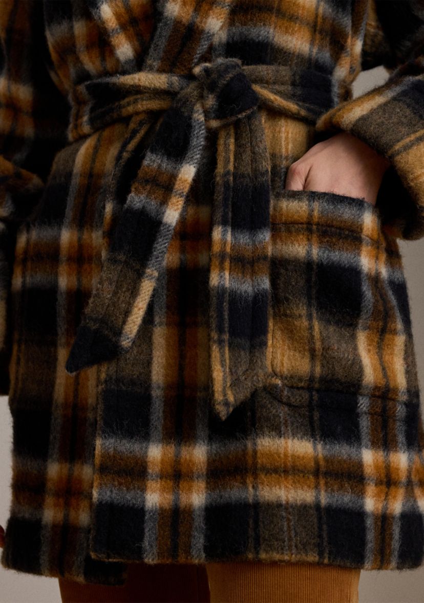 Womens Plaid Wool-Blend Shawl-Collar Wrap Coat