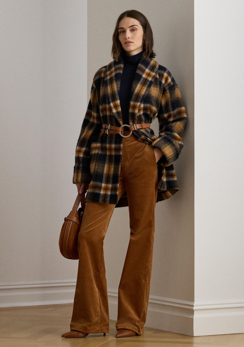 Womens Plaid Wool-Blend Shawl-Collar Wrap Coat